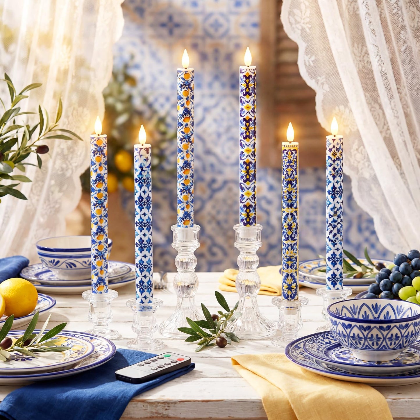 Lyrow 6 Pcs Amalfi Coast Party Decorations Mediterranean Flameless Candles LED 11 Inch Capri Lemon Table Candles Decor for Mediterranean Italian Summer Wedding Gifts Home Decor