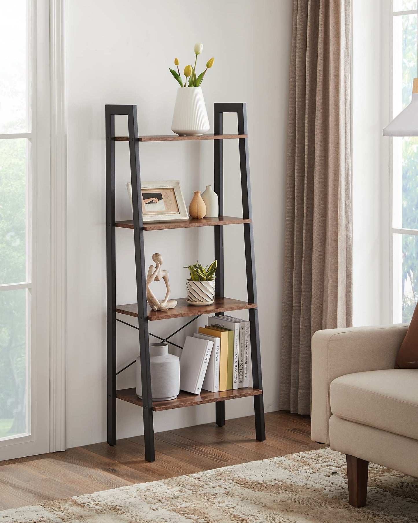 VASAGLE BARNET Collection - Ladder Shelf, Bookshelf, Storage Rack, Modern Bookcase for Living Room Home Office Kitchen, Steel Frame, 4-Tier, 22-Inch Wide, Hazelnut Brown and Ink Black ULLS044B03