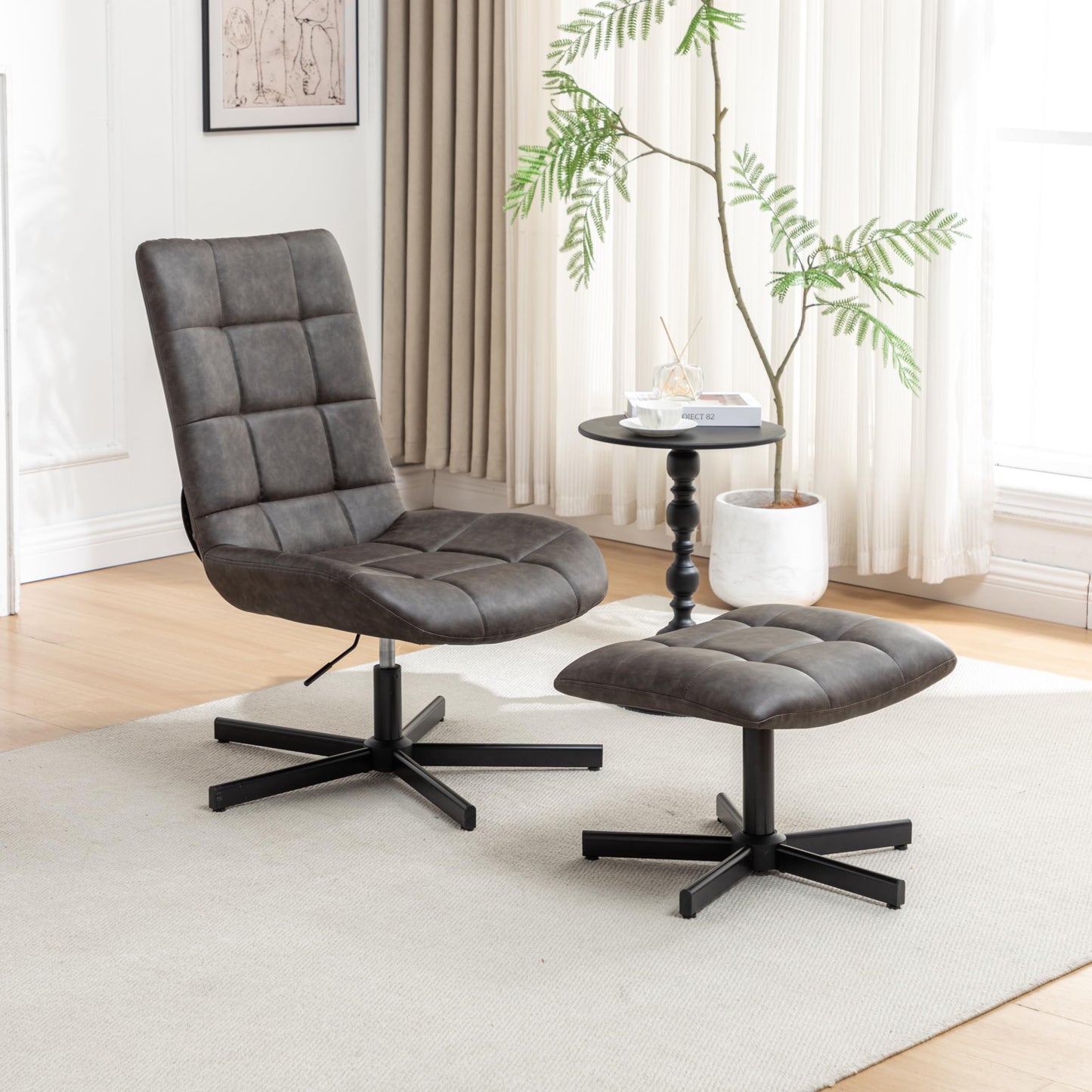 Roundhill Furniture Arlena 2-Piece Seating Set, Faux Leather Tufted Accent Chair and Ottoman, Brown