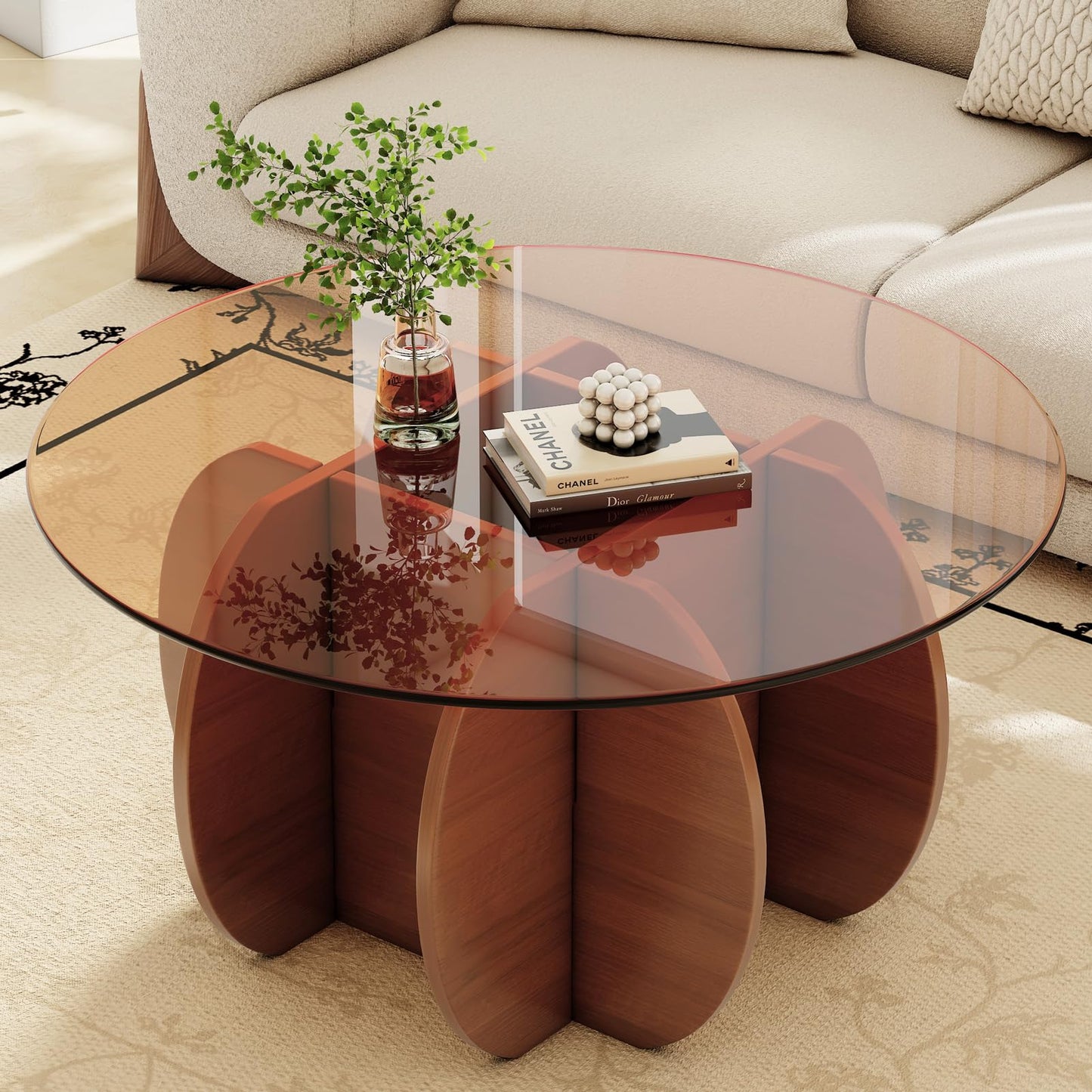 JCAJCA Coffee Table for Living Room Mid Century Modern Round Center Table with Glass Top and Wood, Walnut Brown
