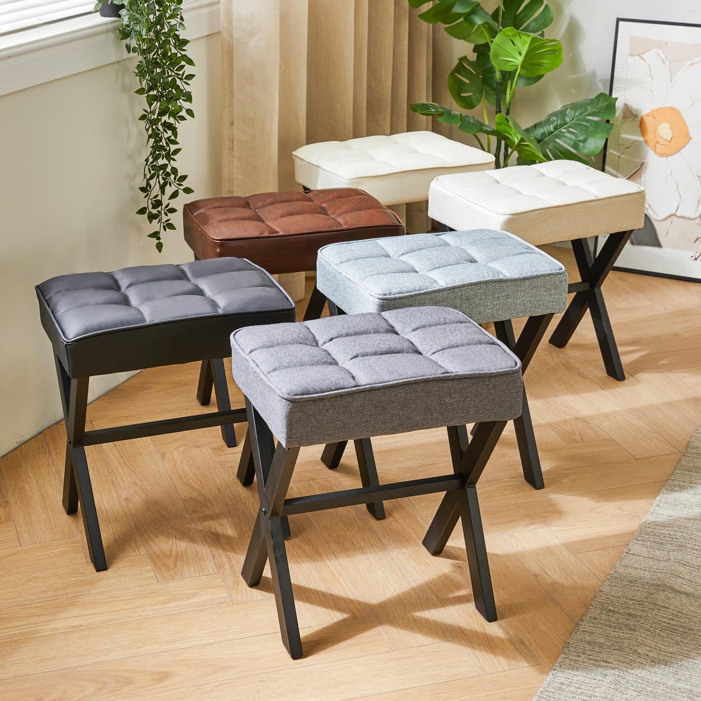 IBUYKE Square Makeup Stool with X-Leg Foot Rest, PU Footrest, Ottoman Seat, Multi-Use as Small Side Table, for Bedroom, Living Room, Light Brown LG-71J