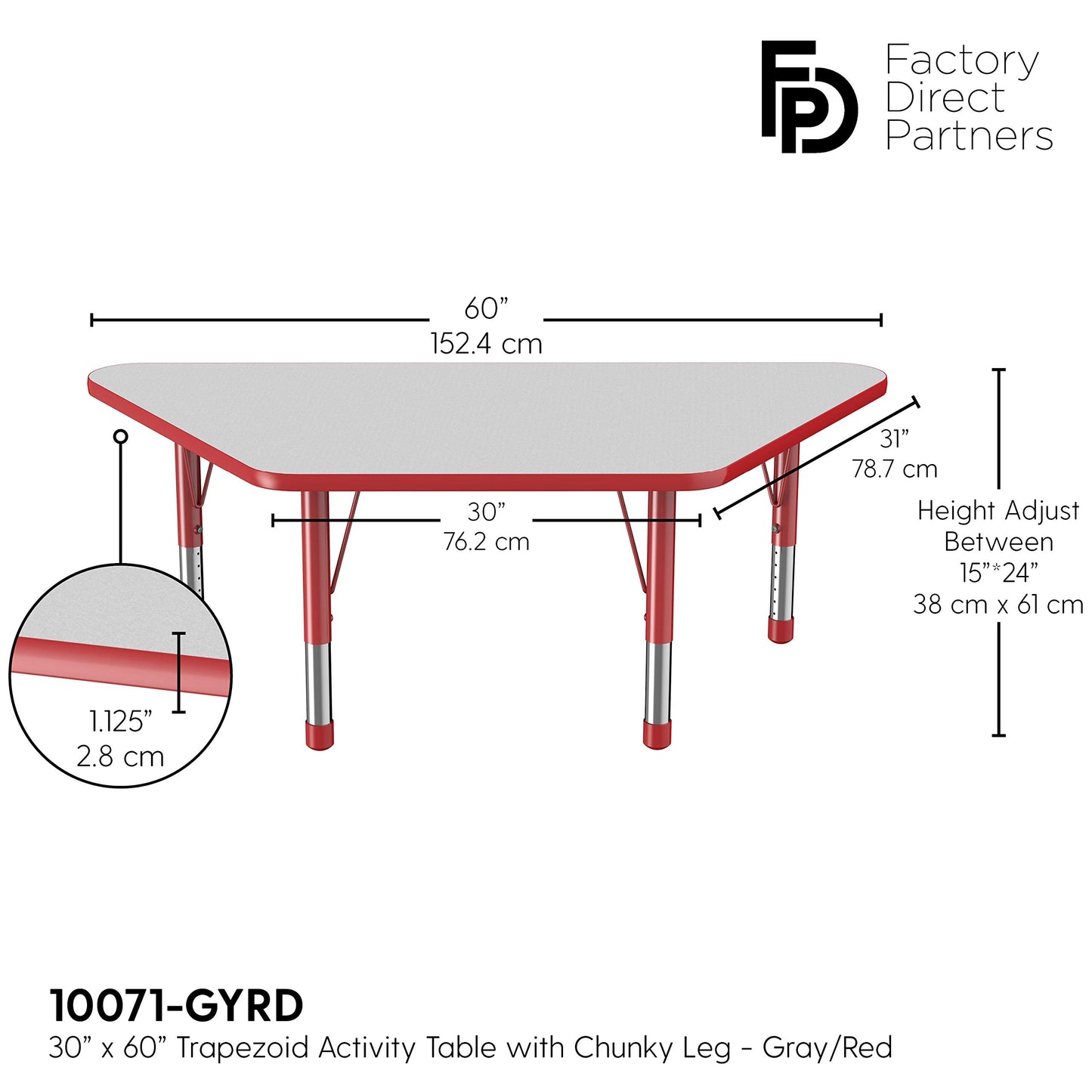 FDP Trapezoid Activity School and Classroom Kids Table (30 x 60 inch), Chunky Toddler Legs for Collaborative Seating Environments, Adjustable Height 15-24 inches - Gray Top and Red Edge