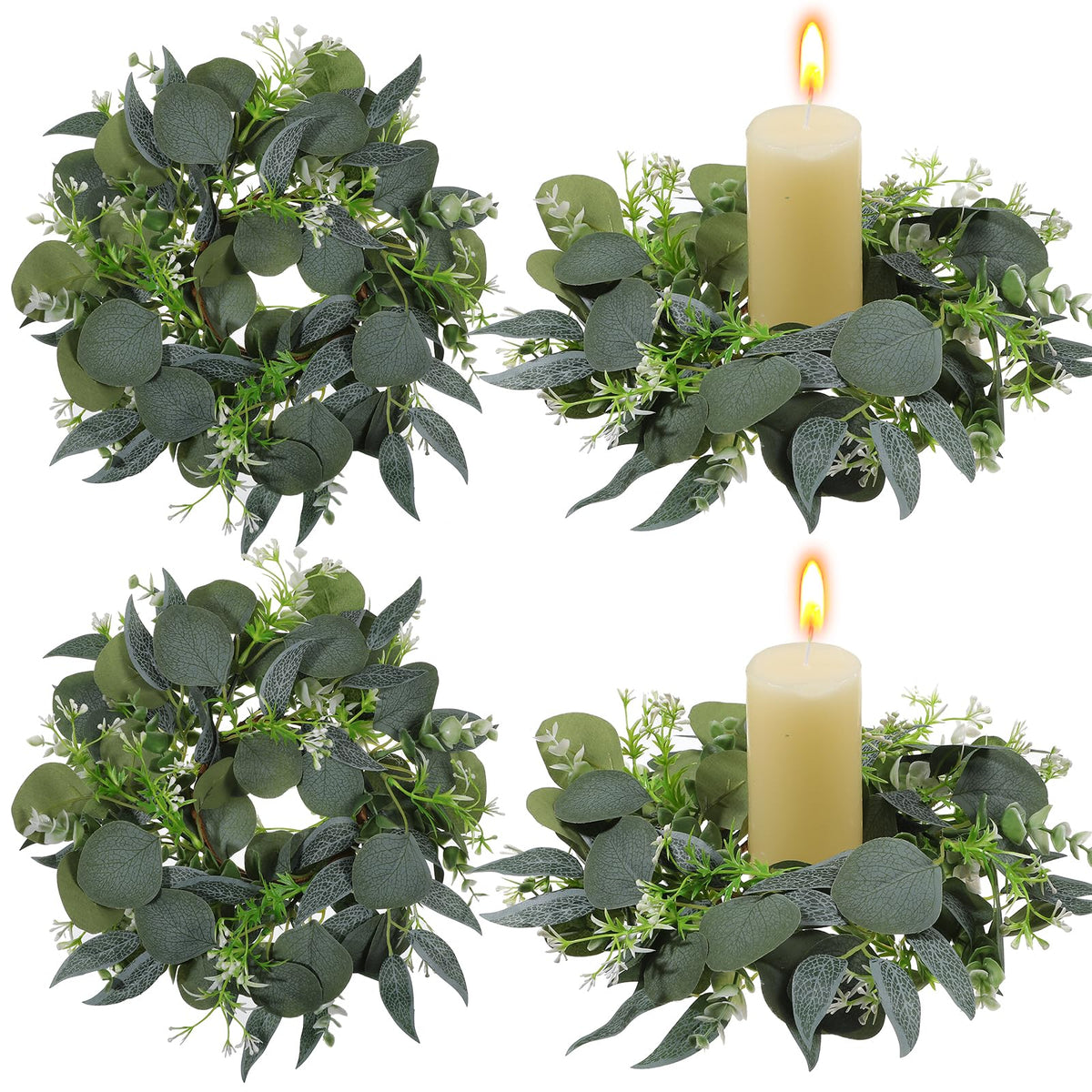 4 Pcs Eucalyptus Candle Rings Wreaths 4 Inch Center Mini Artificial Green Floral Leaves Wreaths Pillar Holder Centerpiece for Wedding Party Home Door Window Wall Farmhouse Decoration