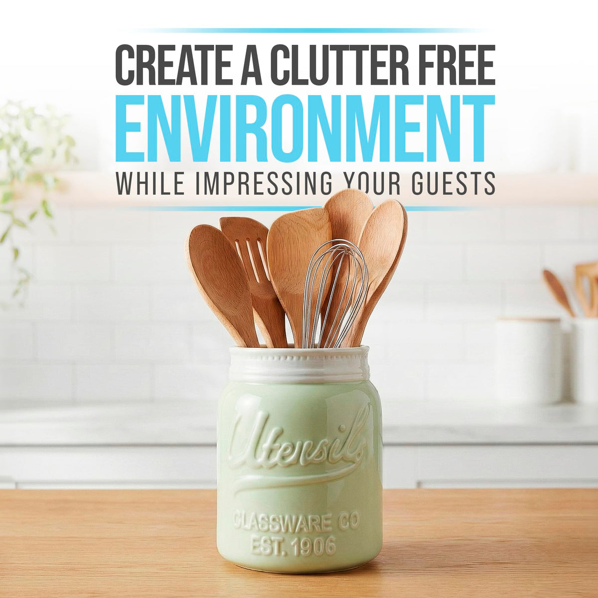 Comfify Green Mason Jar Utensil Holder – Wide Mouth Ceramic – Farmhouse