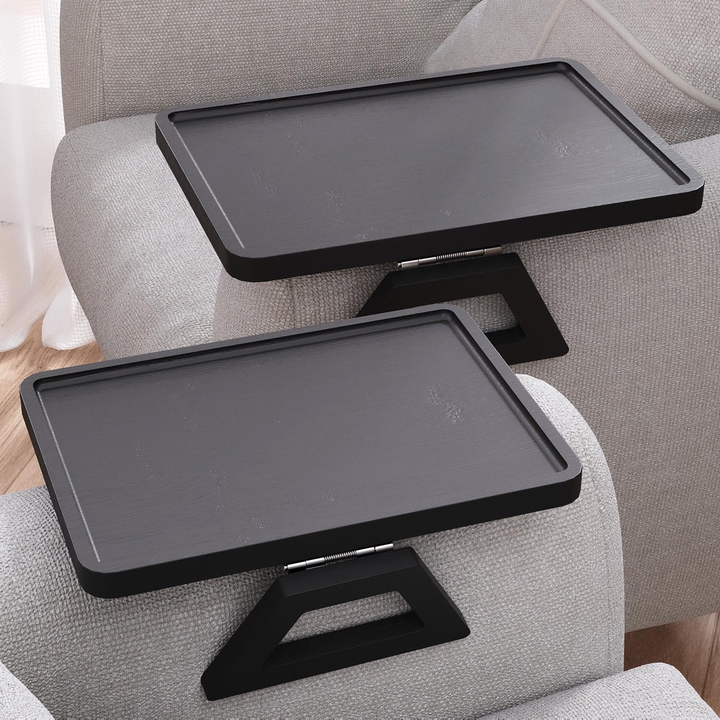 Danfoxer 2 Pack Couch Arm Tray,Bamboo Folding Sofa Tray,Sofa Armrest Trays Clip-On Couch Desk for Drinks,Snacks,Phone,Remote Control（Black）