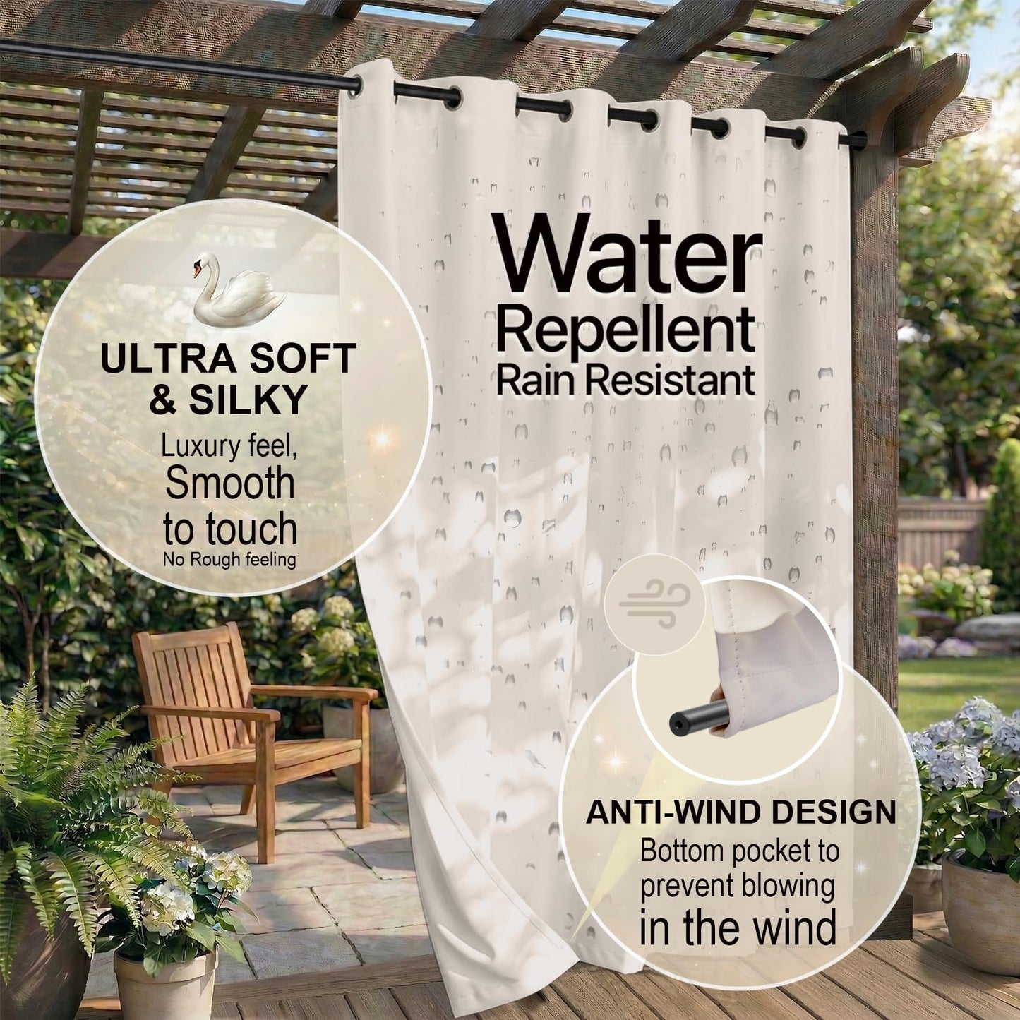 DIVA EN CAMINO DEC Outdoor Patio Curtain Waterproof Darkening Thermal Insulated Indoor Curtains for Bedroom, Porch, Living Room, Pergola, Cabana, W84 x L95, Cream, Set of 2 Panels