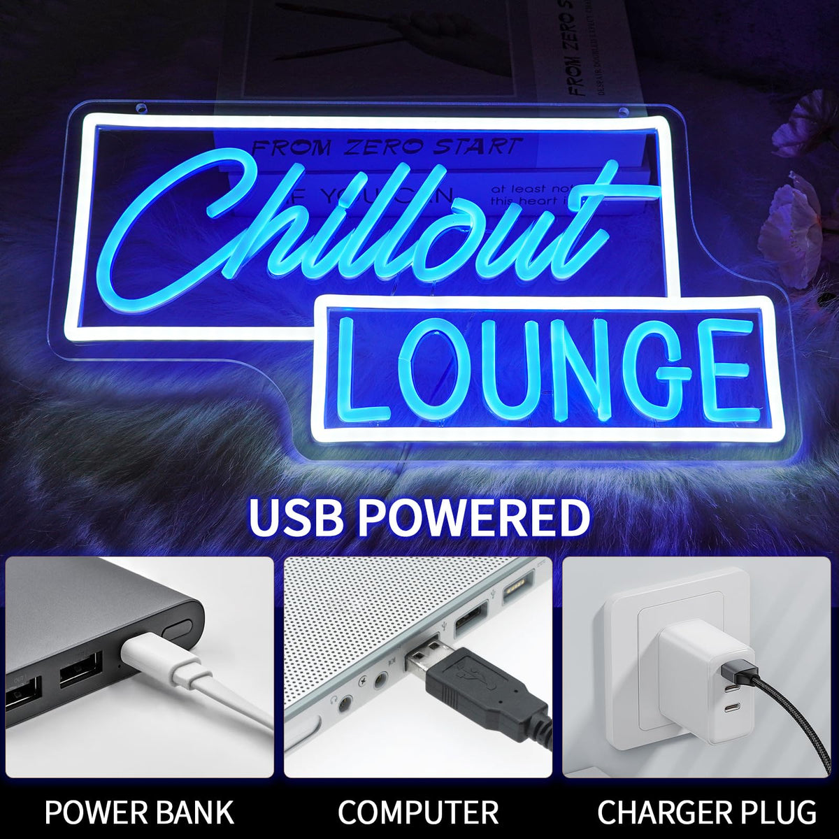 Virlusy Chillout Lounge Neon Sign for Wall Decor Dimmable Chill Led Light Signs Blue Letters Neon Light for Bar Bedroom Cafe Game Room Man Cave Club Decoration