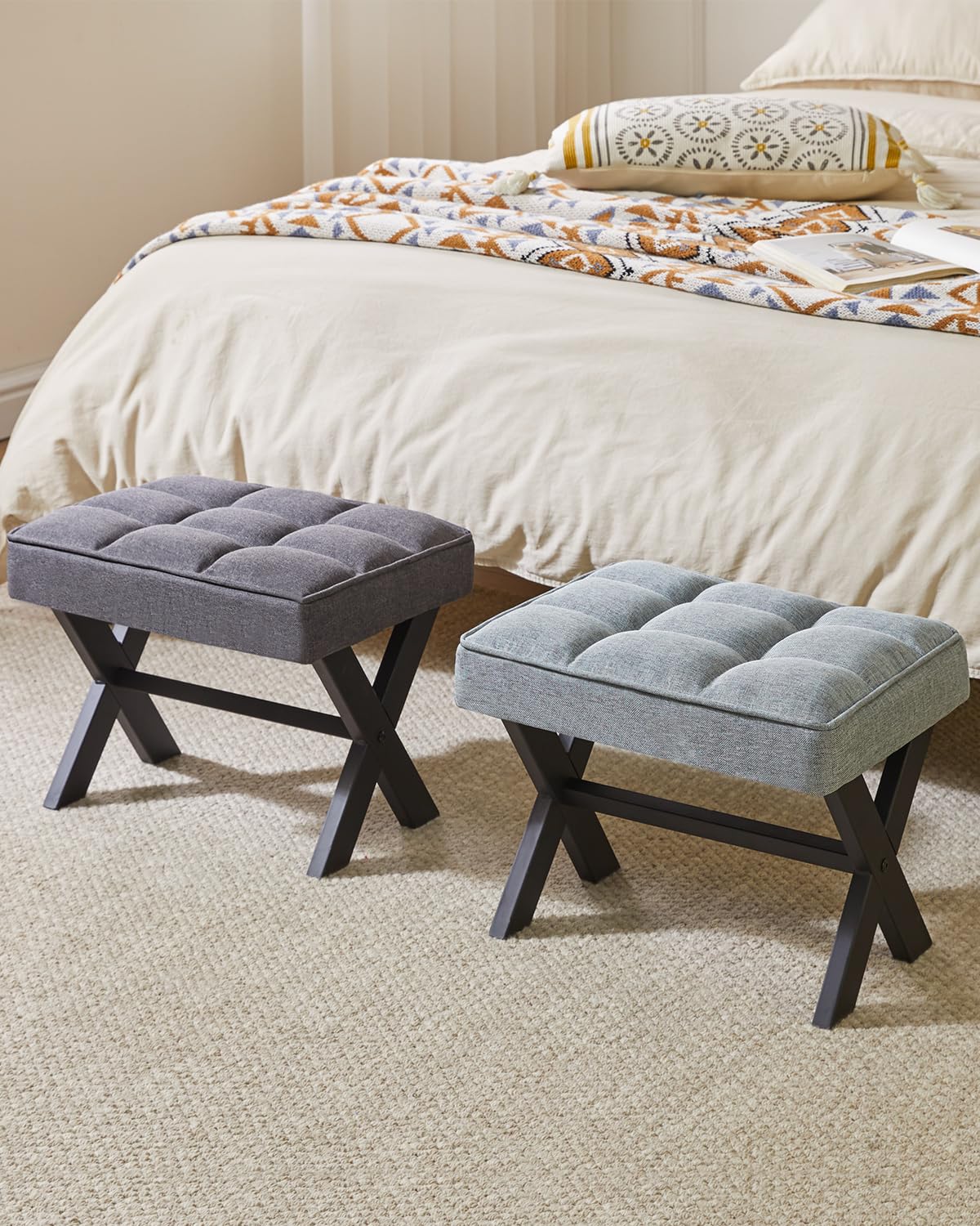 IBUYKE Small 12" H Footrest Stool, Square Linen Foot Stool with Metal X-Leg, Multi-Use as Small Side Table, Step Stool for Living Room, Bedroom, Entryway, Office, Blue Gray WBD011L
