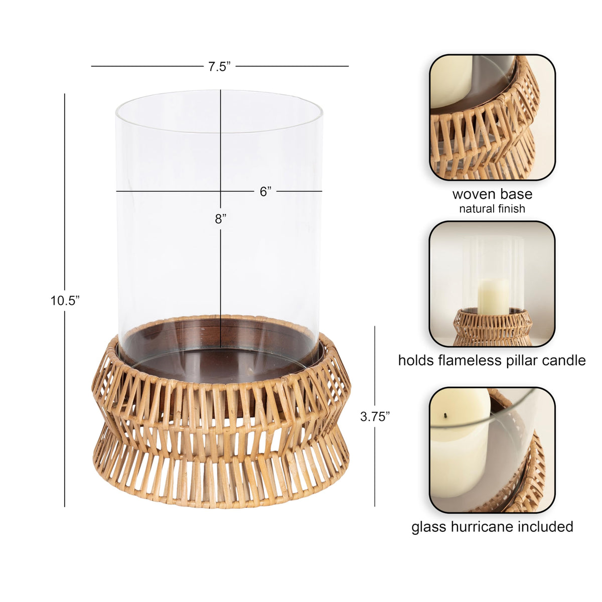 Kate and Laurel Rashana Modern Boho Rattan Pillar Candle Holder, 8 x 8 x 11, Natural, Coastal Hurricane Candle Holder with Glass Cylinder for Living Room Decor