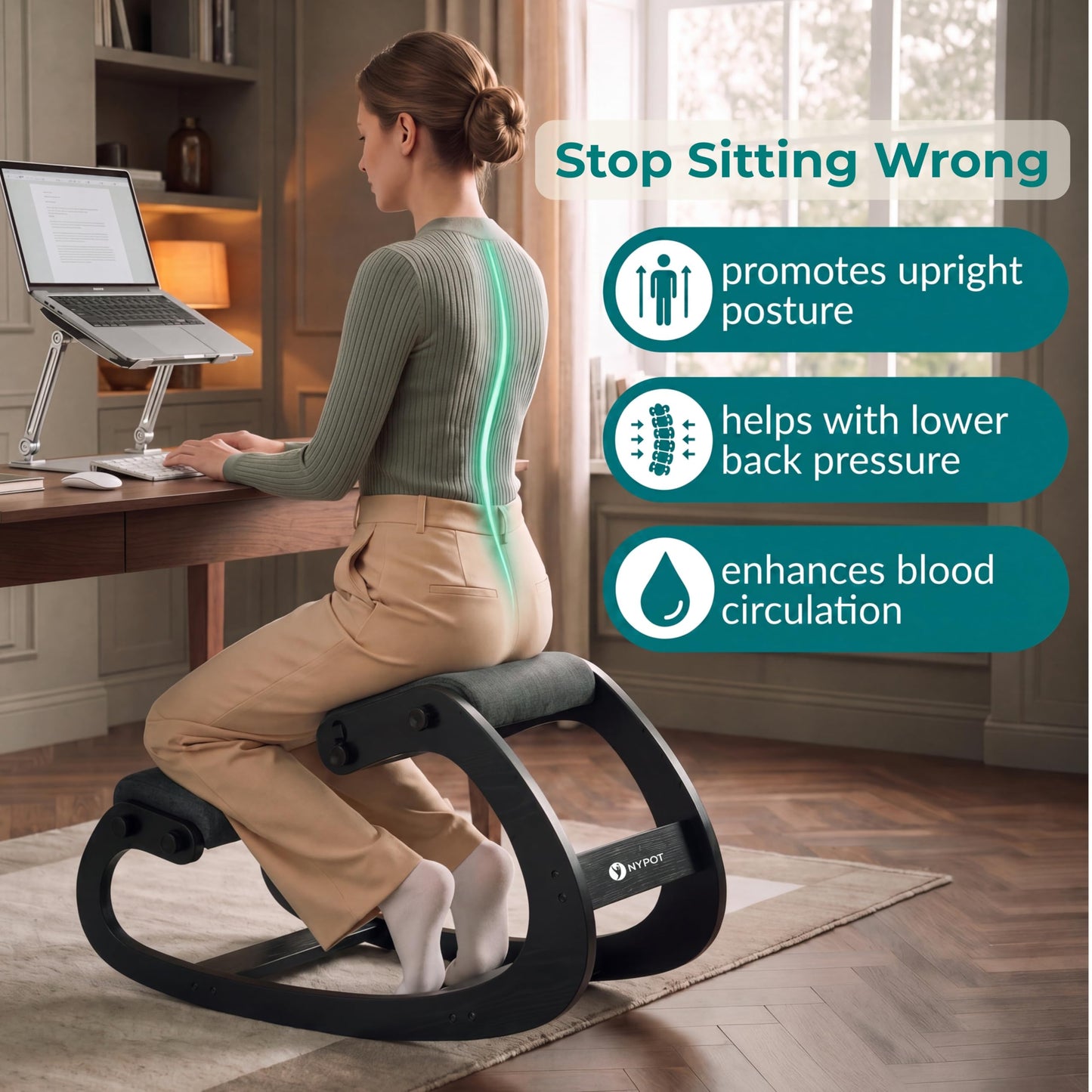 NYPOT Ergonomic Kneeling Chair with Adjustable Seats - Knee Chair for Posture Correction & Kneel Rocking Stool for Desk - Back Pain Relief for Home and Office, Supports 250 pounds - 5 Years Warranty
