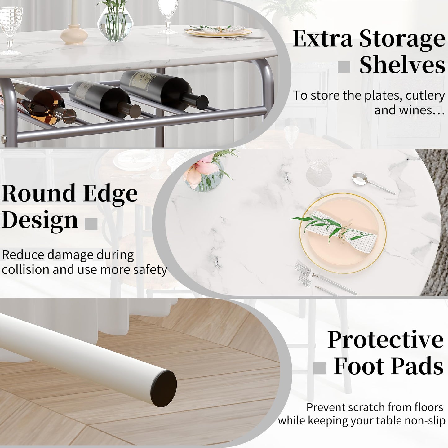 VECELO 3-Piece Dining Table Set for Kitchen Breakfast Nook, Faux Marbled Oval Tabletop and Metal Frame with Built-in Wine Rack, for Small Spaces, White & Silver