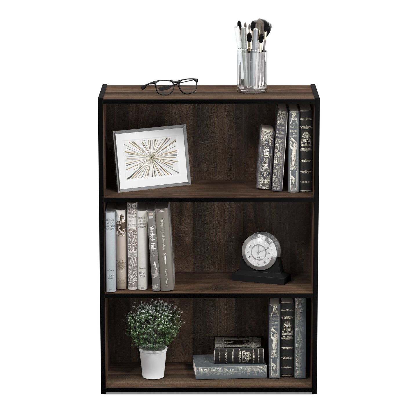Furinno PASIR Book Shelf, 3-Tier Bookshelf, Storage Shelves Bookcase, 9.7 x 23.7 x 31.5, for Living Room, Bedroom, Home Office, Columbia Walnut