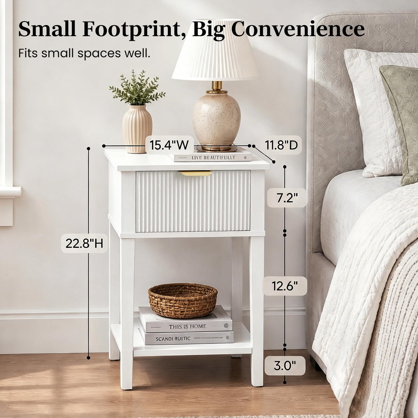 RIHHA Modern Fluted Small Wood Nightstand, 11.8" Deep x 15.4" Narrow Bedside Table with Drawer & Open Shelf, Farmhouse Chic Accent Side Table for Bedroom & Sofa - White