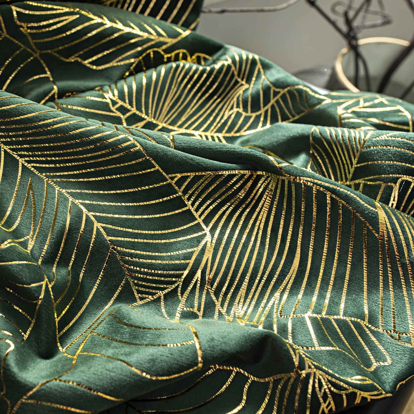 Tootop Velvet Dark Green Curtains 108 inches Long Gold Foil Printed Leaves Luxury Soft Rod Pocket Living Room Bedroom Shiny Drapes 2 Panel Home Decor (52 x 108 inches)