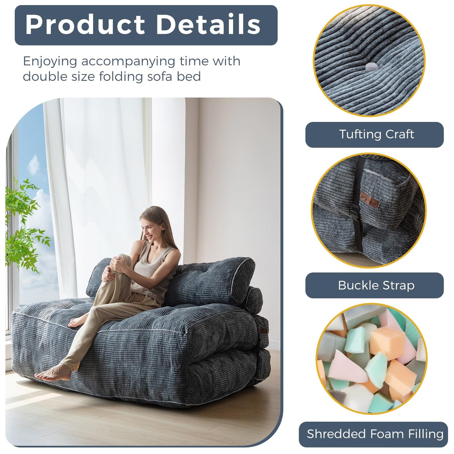 MAXYOYO Folding Sofa Bed, Convertible Chair with Pilow Foldable Couch with Back Support, Portable Fold Out Chair Bed Comfy Floor Sofa Lounge for Living Room Bedroom, Dark Grey, Double