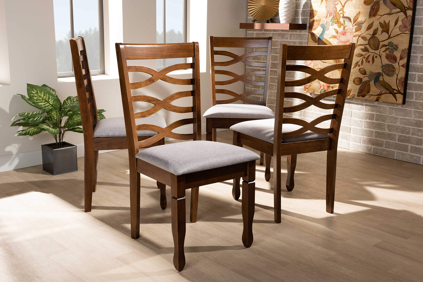 Baxton Studio Elijah Modern and Contemporary Grey Fabric Upholstered and Walnut Brown Finished Wood 4-Piece Dining Chair Set