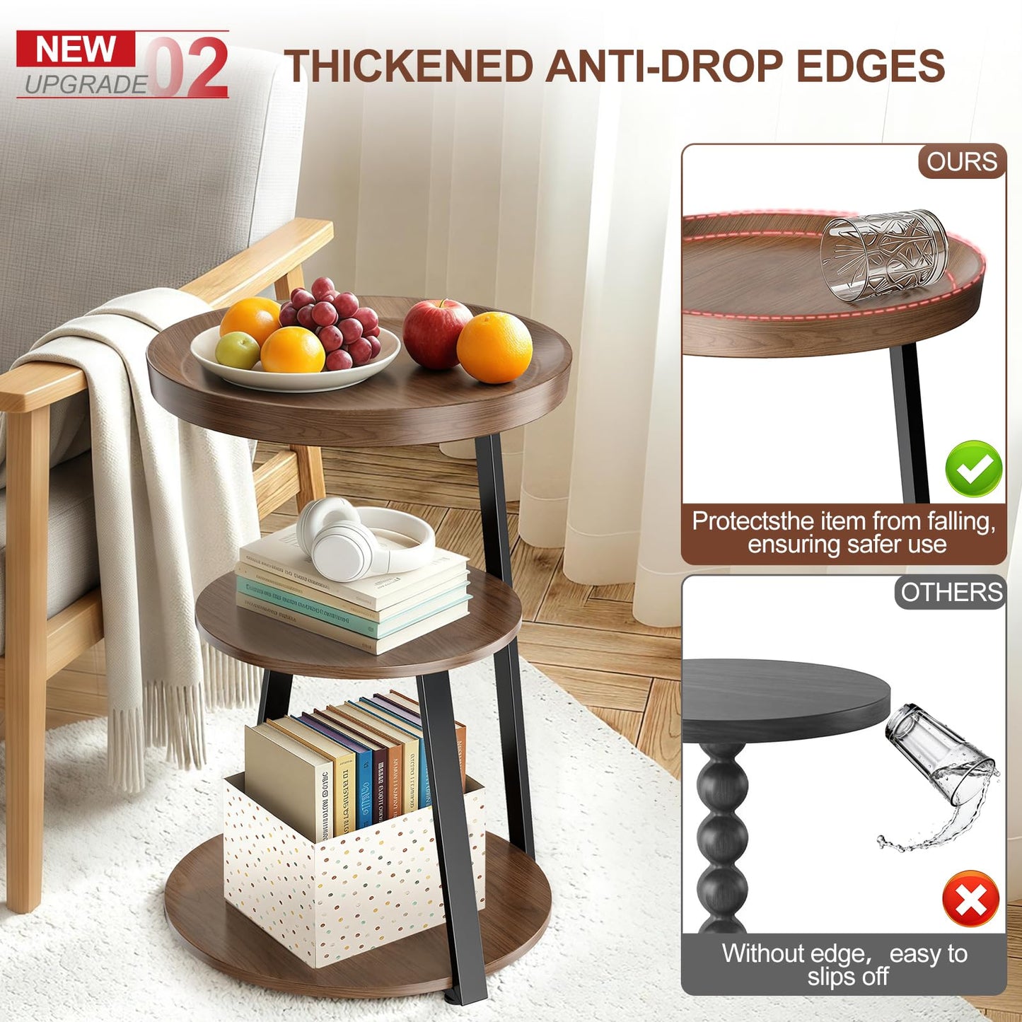 Round Side Table, 3-Tier Tray Top End Table with Storage Shelf, Ultra Stable Coffee End Table/Nightstand, Modern Farmhouse Couch Table for Living Room, Bedroom, Bedside Stand or Small Spaces, Walnut