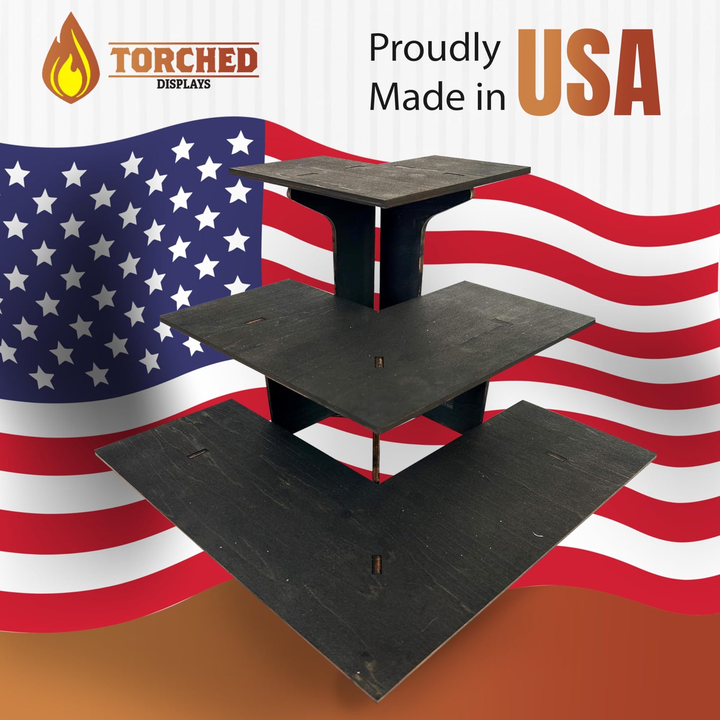 Torched 3-Tier Ebony Retail Table Display Corner Stand with Shelves for Products - Portable