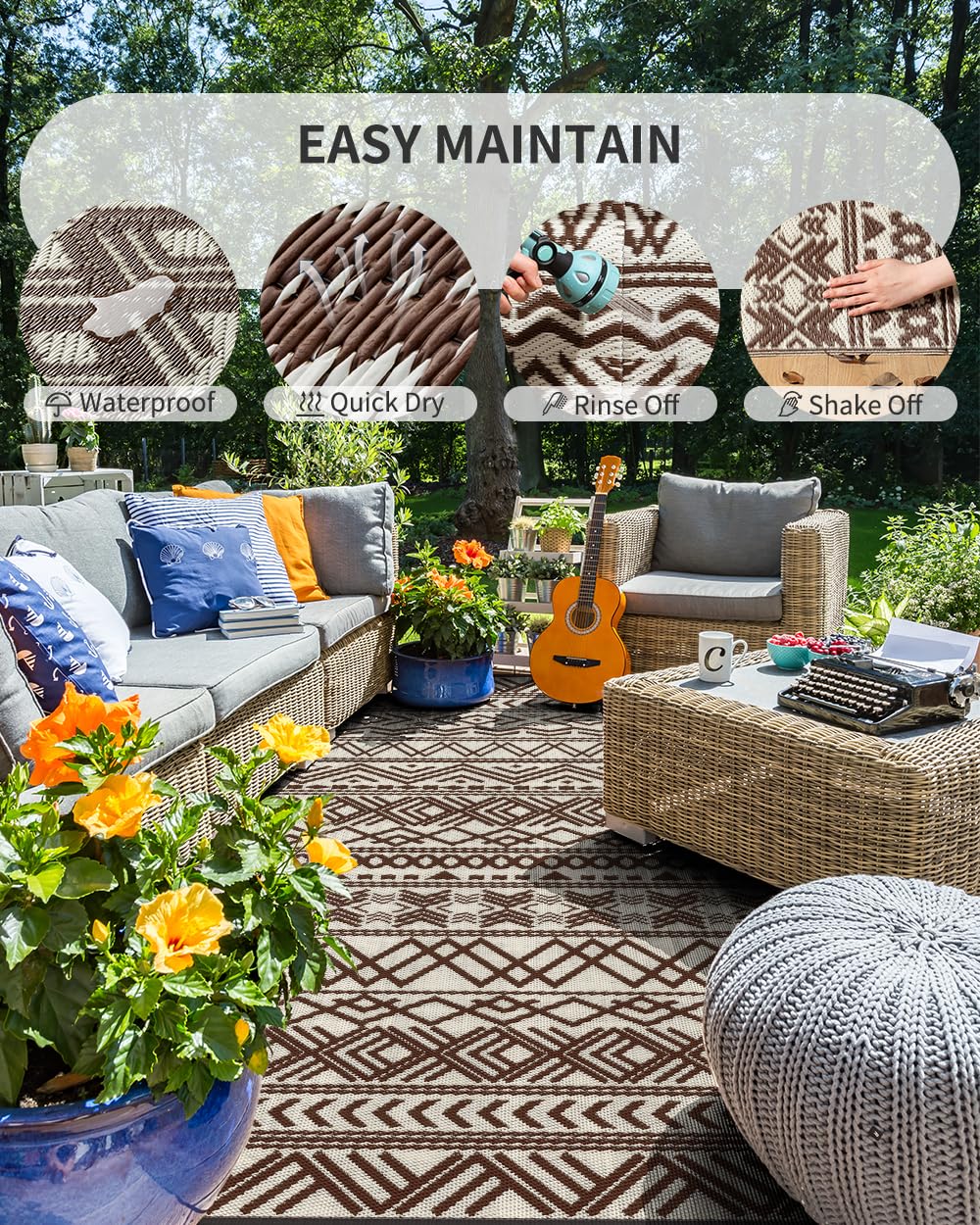MontVoo Outdoor Rug Carpet Waterproof 5x8 Outdoor Patio Rug Mat Reverisble Plastic Straw Outdoor Rug for RV Camping Picnic Beach Balcony Boho Beige Brown