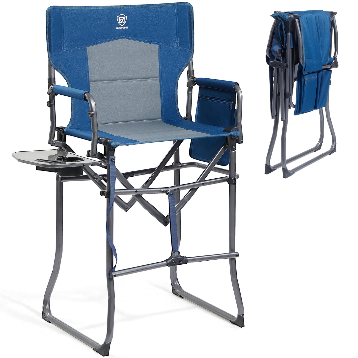 EVER ADVANCED Portable 30.7" Seat Height Tall Folding Camping Chair Directors Chair High Foldable Bar Stool with Side Table for Makeup Artist, Sports Event, Craft Show, Supports 350LBS
