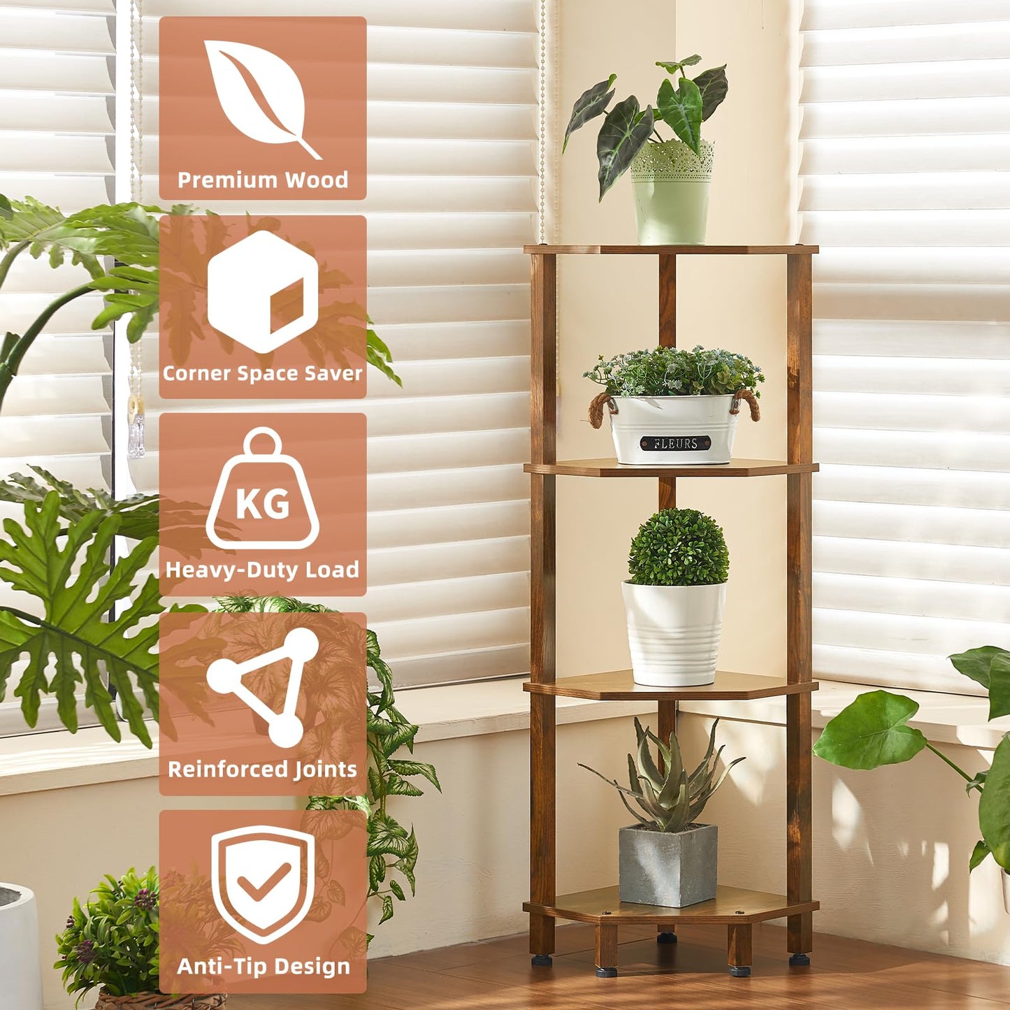 YUFAM 4-Tier Corner Shelf with Sturdy 5-Leg Base, Wooden Corner Bookshelf for Small Spaces, Corner Standing Shelf for Living Room, Bedroom, Office, Brown