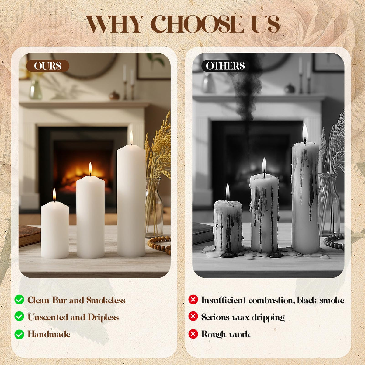 Veiuwa 18 Pack Ivory Pillar Candles Bulk Set, 2x3 2x4 2x6 Inch - 6 Each Size, Dripless Smokeless Clean Burning for Wedding Centerpieces, Home Decor, Church, Romantic Ambiance！