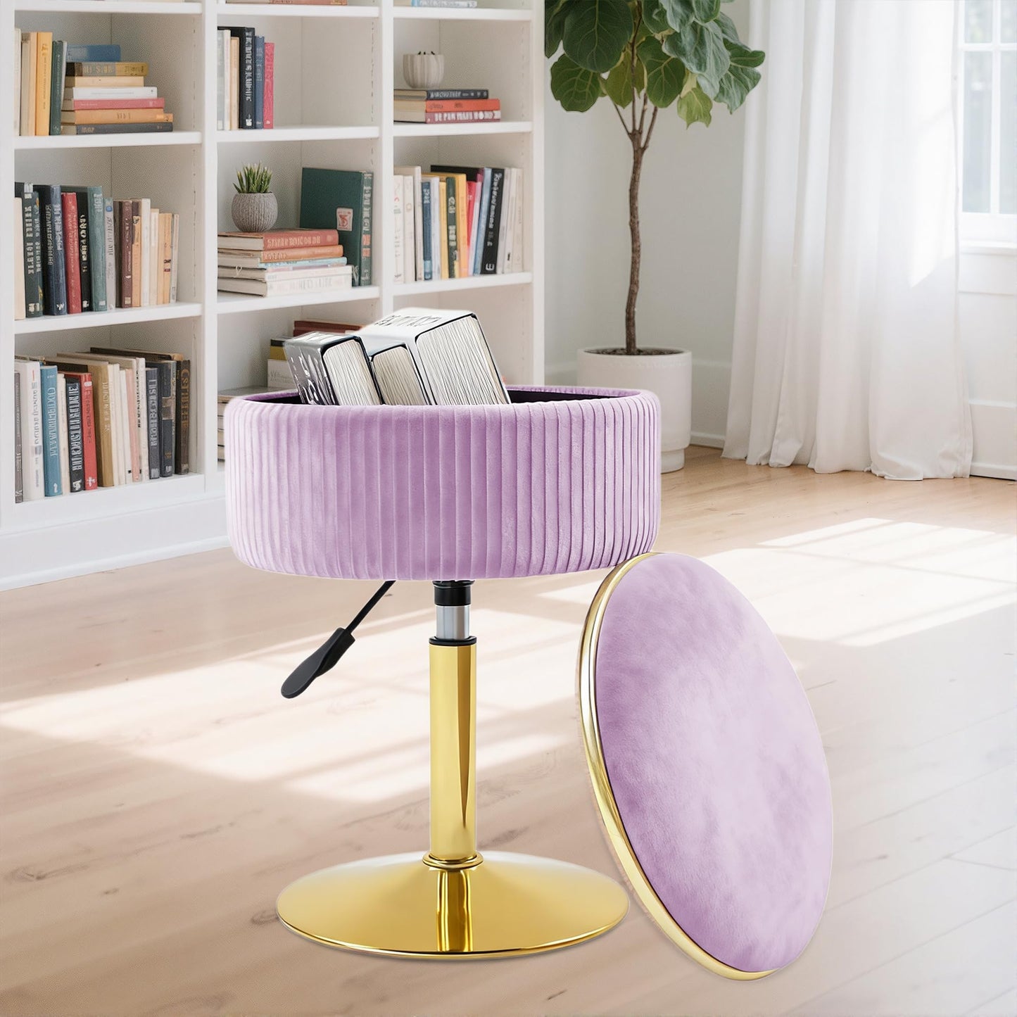MRITWAII Adjustable Vanity Stool with Storage, 360° Swivel Makeup Stool Chair Small Velvet Round Ottoman with Gold Base for Bedroom (Purple)
