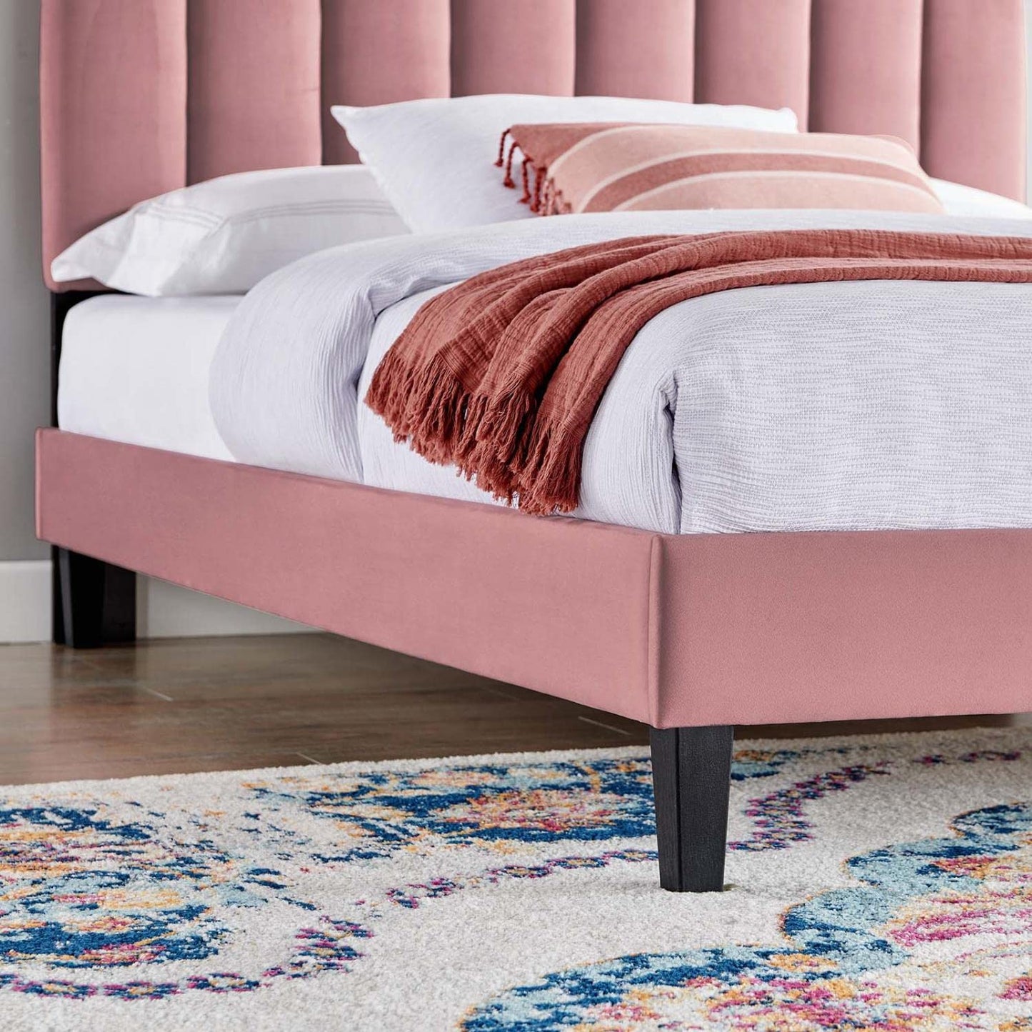 Modway Daisy Modern Performance Velvet Twin Platform Bed in Dusty Rose Pink