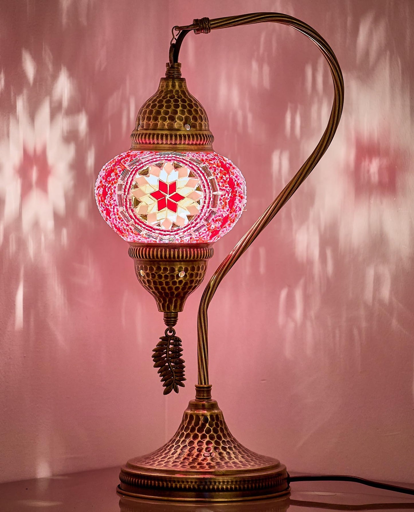 DEMMEX Turkish Moroccan Table Lamp, Swan Neck Tiffany Style Mosaic Glass Table Desk Bedside Lamp for Bedroom, Living Room – Handcrafted in Turkey, Pink