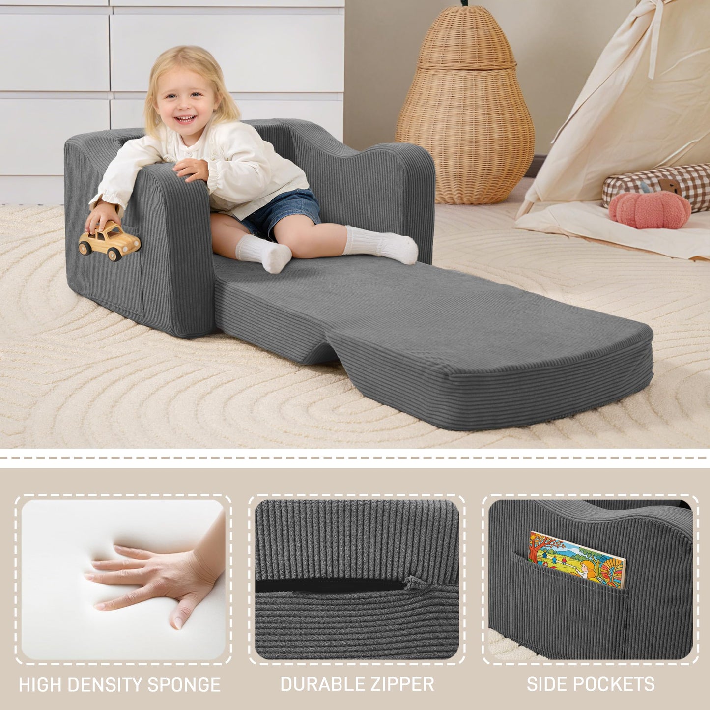 aodisman 2-in-1 Kids Chair and Couch, Thick Cozy Corduroy Kids Sofa, Convertible Foam Seating for Reading, Playing, Removable Washable Cover,Grey