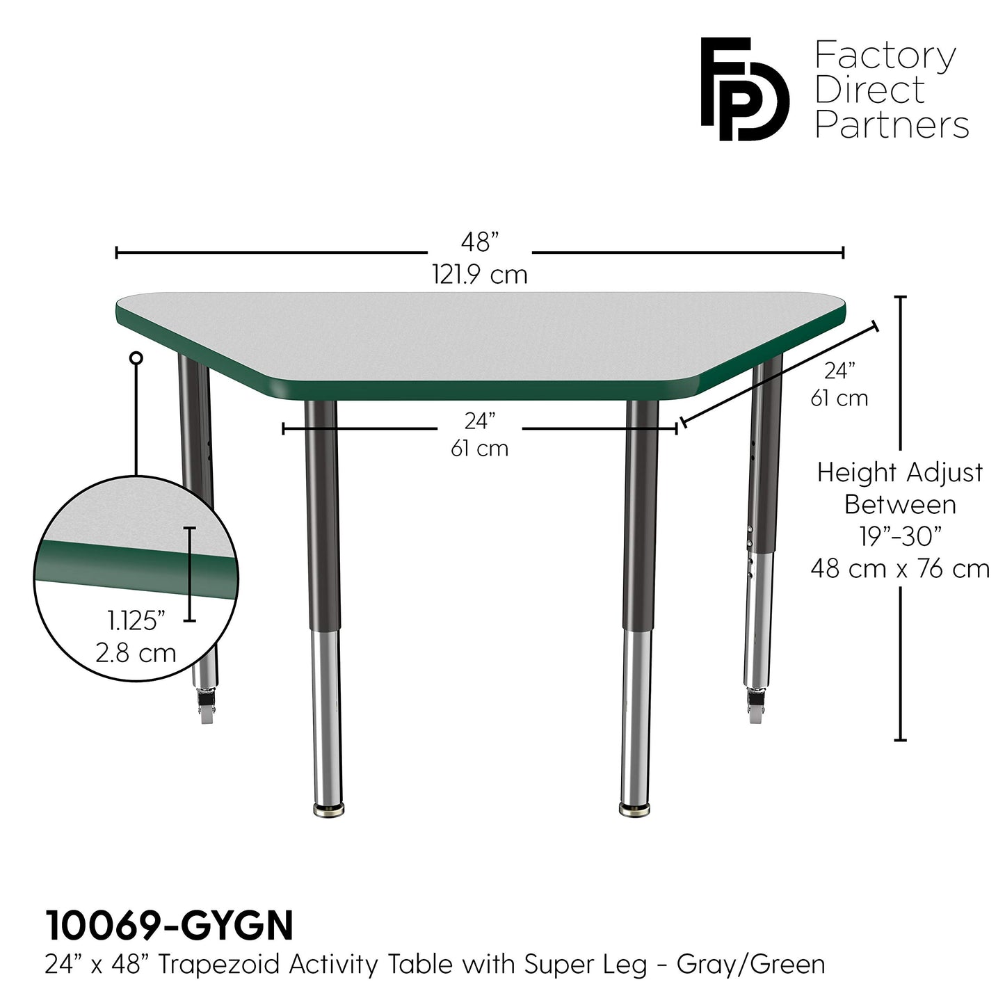 FDP Mobile Trapezoid Activity School and Office Table (24 x 48 inch), Super Legs with Glides and Casters for Collaborative Environments, Adjustable Height 19-30 inches - Gray Top and Green Edge