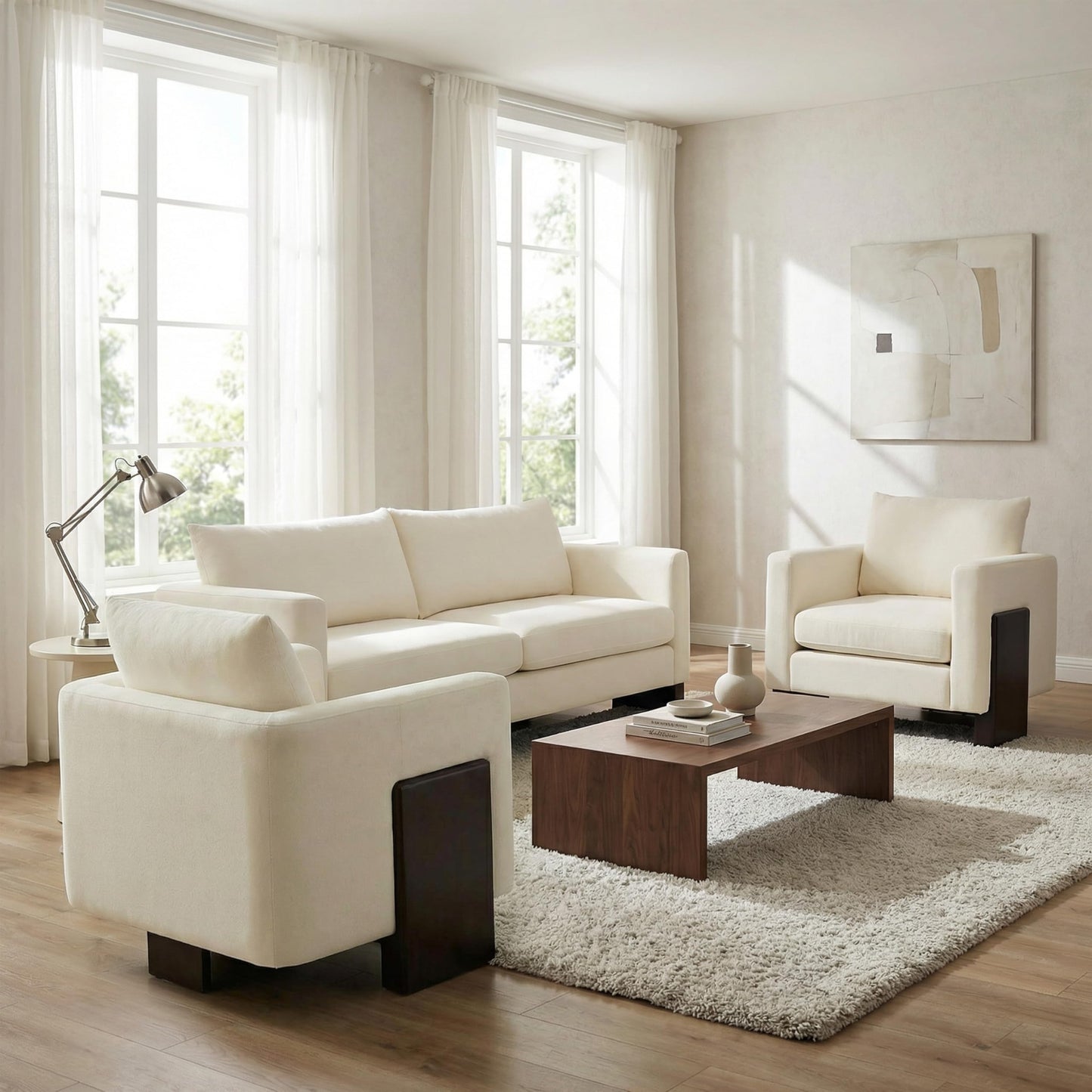 Christopher Knight Home Cozy Oversized 3-Seater Sofa Set with Two Single Chairs, Comfortable Modern Lounge Couch for Living Room or Office, Beige Chenille Fabric 5-Seater Sofa Set with Rubberwood Legs