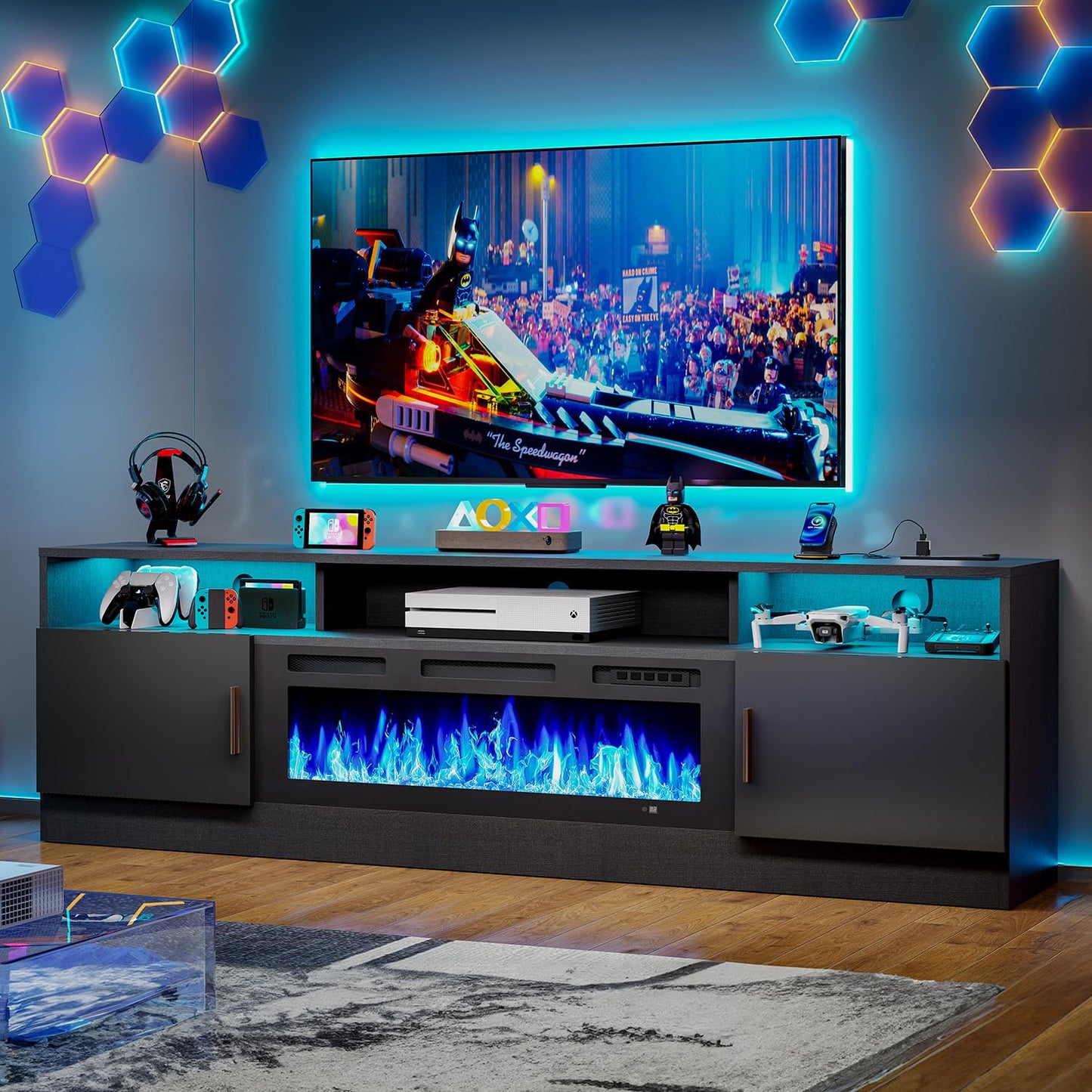 MXV 70" Fireplace TV Stand with Power Outlet for TVs UP to 80", Electric Fireplace Entertainment Center with LED Lights & Storage Cabinets, TV Console for Living Room, Office, Black-Black