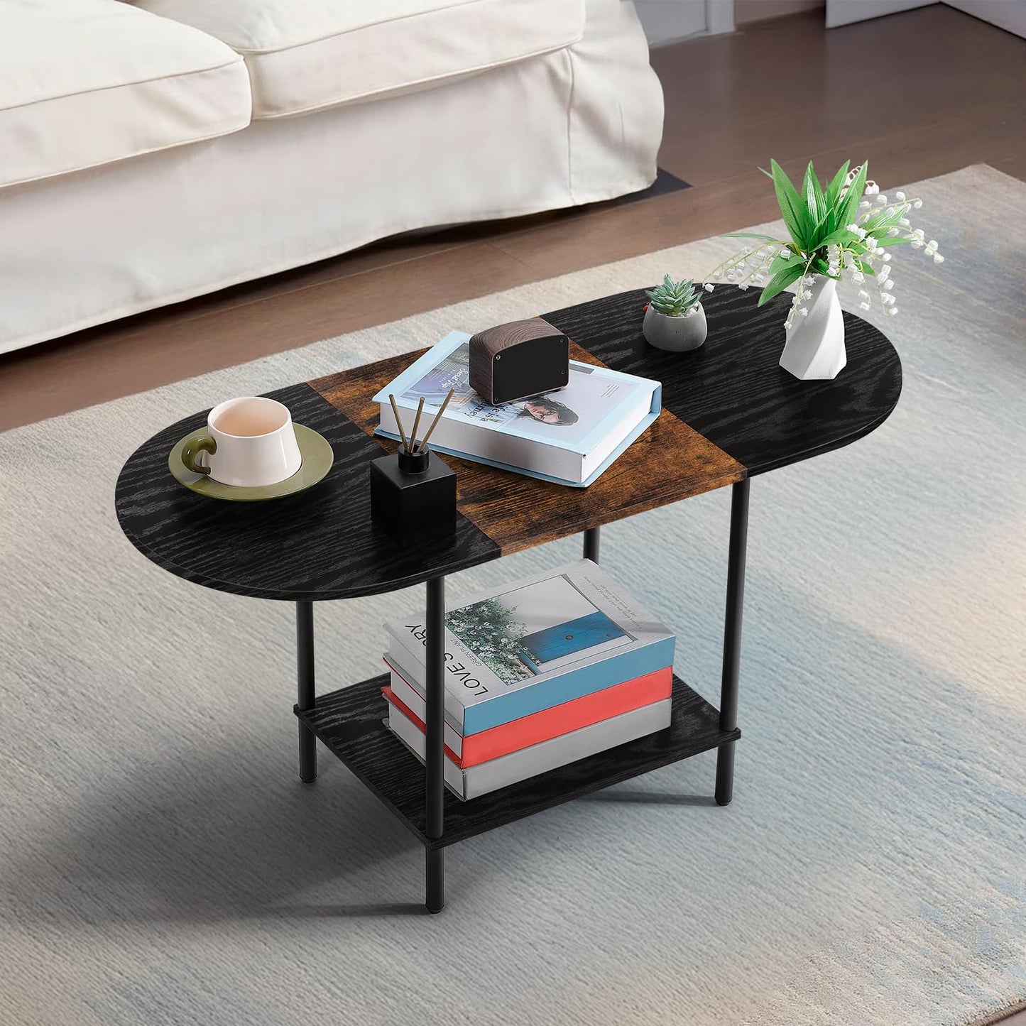 KANEODOT Coffee Tables for Living Room,Mid Century Small Oval Center Table with 2-Tier Storage Shelf and Wood Tabletop,Farmhouse Narrow Cocktail Tea Table for Small Space,Apartment,Black Brown