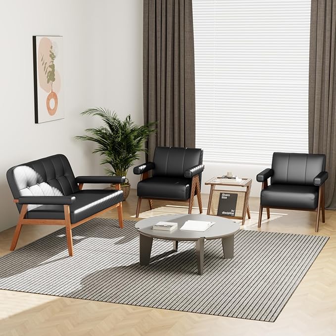 STHOUYN Black Leather Accent Chairs Set of 2, Mid Century Modern Accent Chair