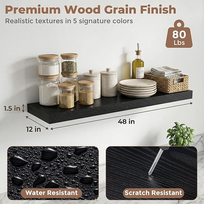 12 inch Deep Floating Shelves for Wall, 48 inch Wide Engineered Wood Wall