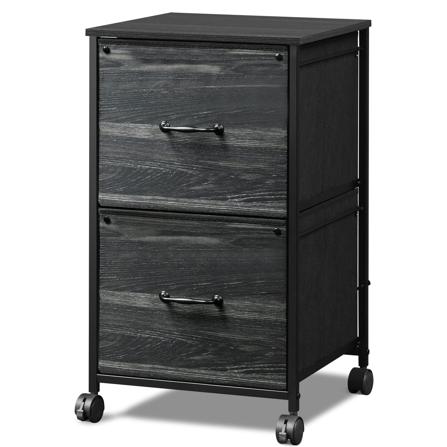 DEVAISE 2 Drawer Mobile File Cabinet, Rolling Printer Stand, Fabric Vertical Filing Cabinet fits A4 or Letter Size for Home Office, Charcoal Black Wood Grain Print