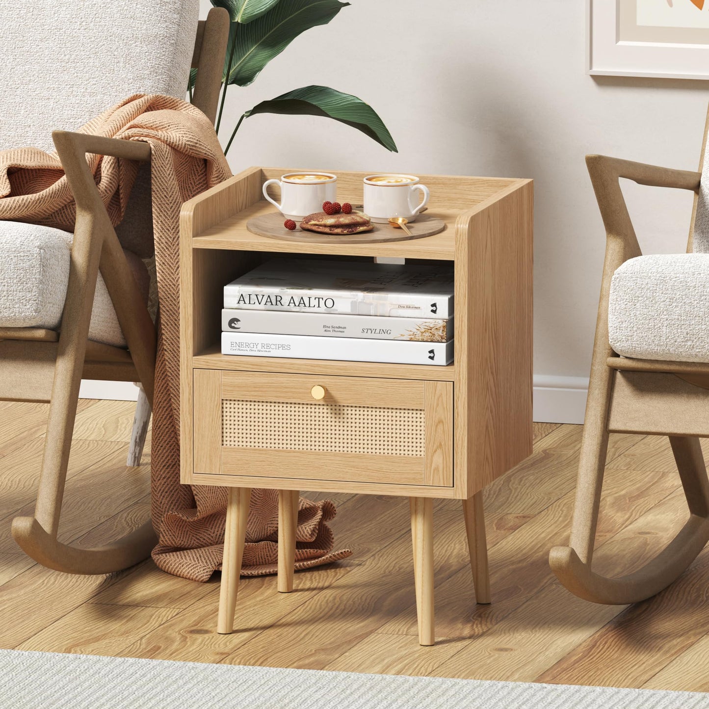 MECHYIN Night Stand Set 2, Nightstands Set of 2 with Charging Station, Rattan Side Tables with Solid Wood Legs, Boho Bedside End Table for Apartment Bedroom Dorm Small Space