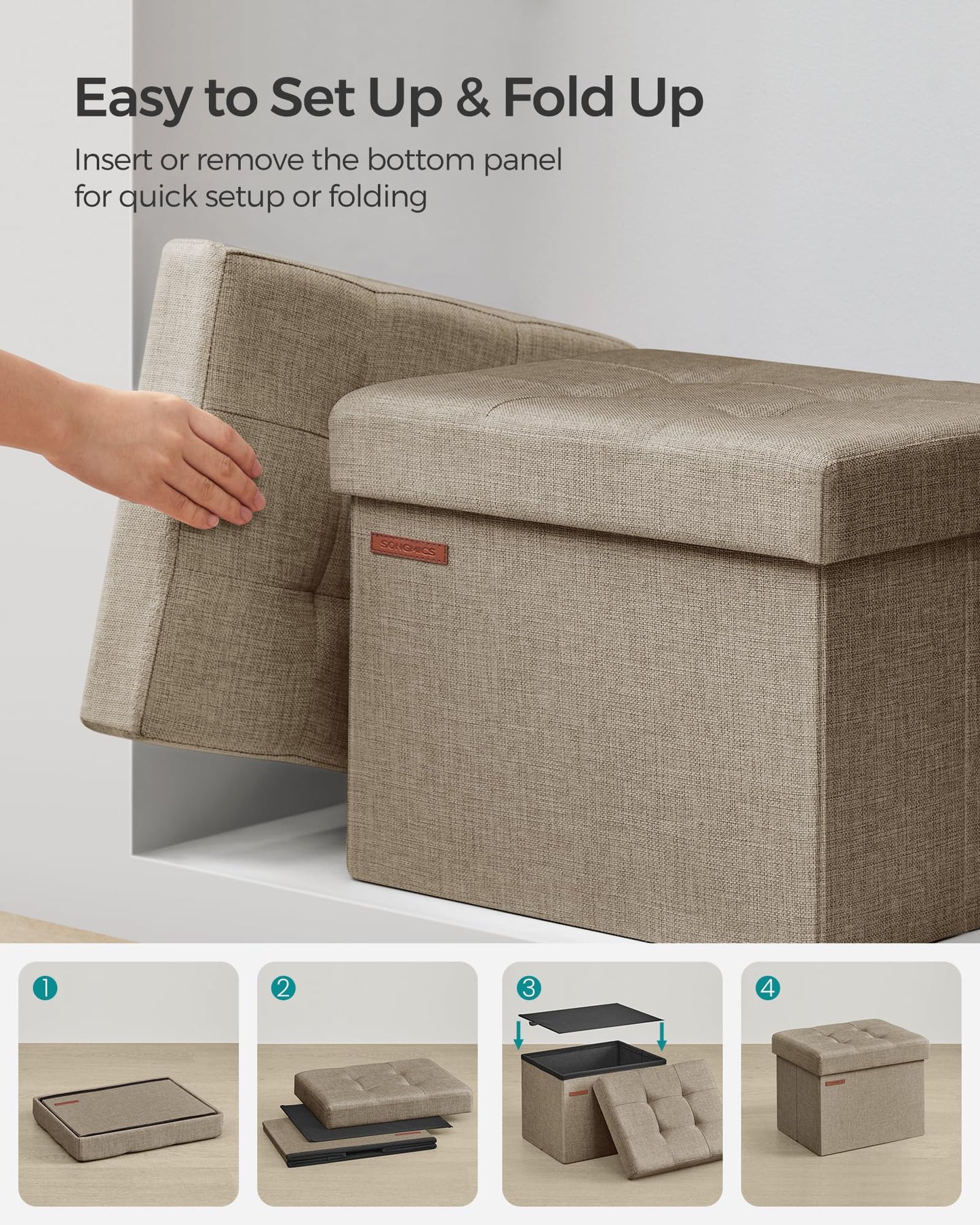SONGMICS MAZIE Collection - Small Folding Storage Ottoman, Foot Rest Stool, 12.2 x 16.1 x 12.2 Inches, 286 lb Load Capacity, for Living Room, Bedroom, Home Office, Dorm, Light Taupe ULSF102K01
