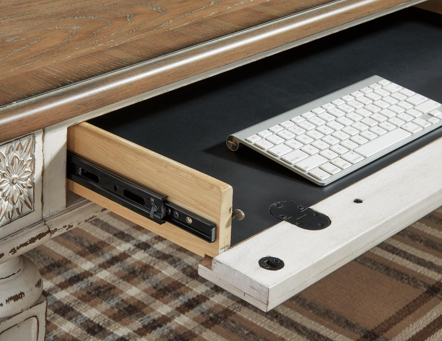 Signature Design by Ashley Realyn Farmhouse Home Office Desk, 2 Drawers, Drop-down Drawer, USB Charging, Wood, 60" W x 28" D x 31" H, Chipped White and Brown