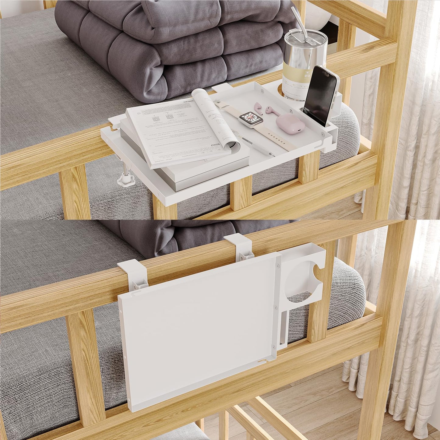 AmzAge Metal Bedside Shelf Table Tray with Cup Holder, Foldable Bed Side Table for Bunk Bed & Top Bunk, College Dorm Room Essentials for Guys & Girls, Clip-on Laptop Nightstand for IKEA Beds, White