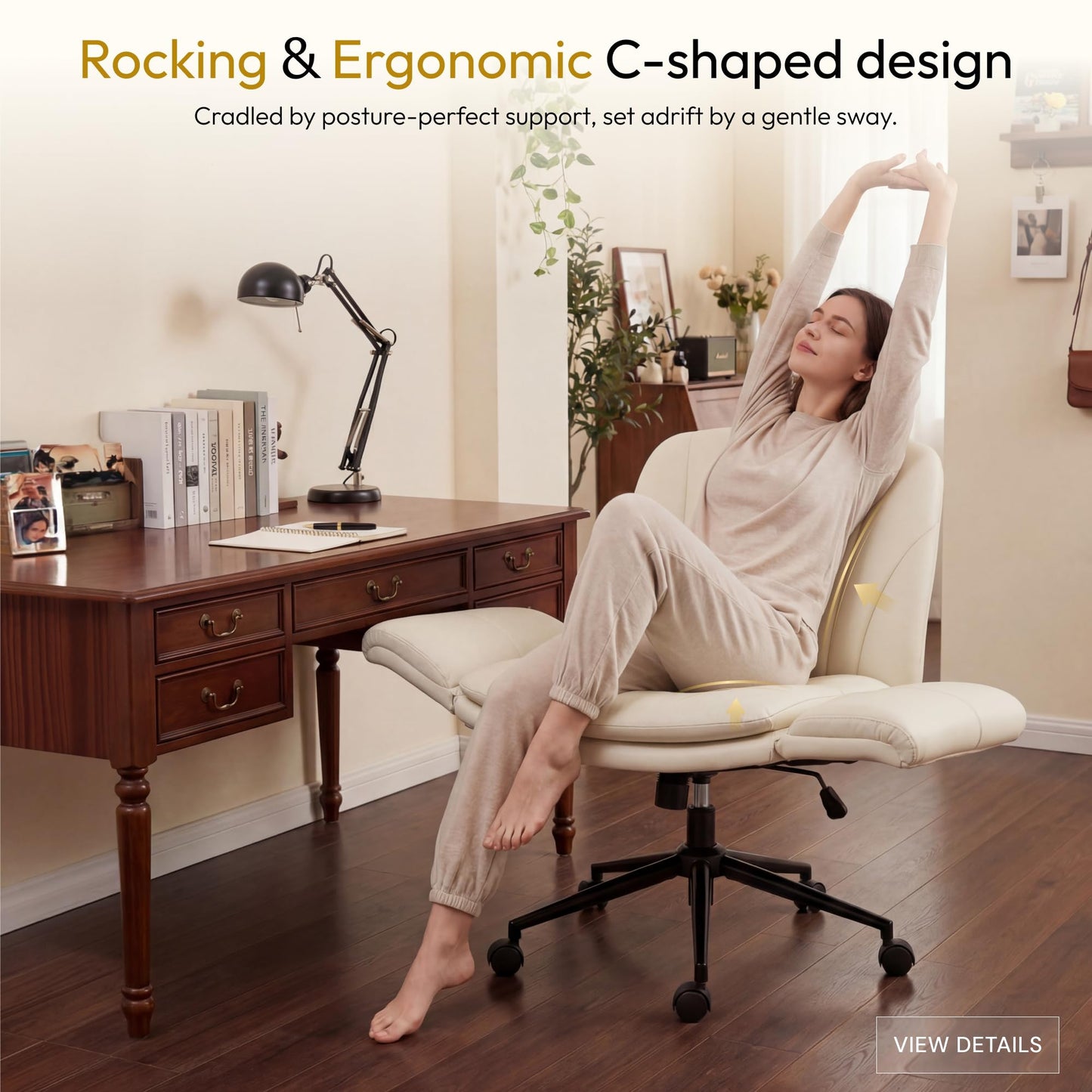 Dowinx Criss Cross Chair with Five-Level Adjustable Arms and Wheels - Comfortable Ergonomic PU Leather Swivel Vanity Chair - Computer Makeup Gaming Chair for Home Office, Bedroom, Vanity Room (Khaki)