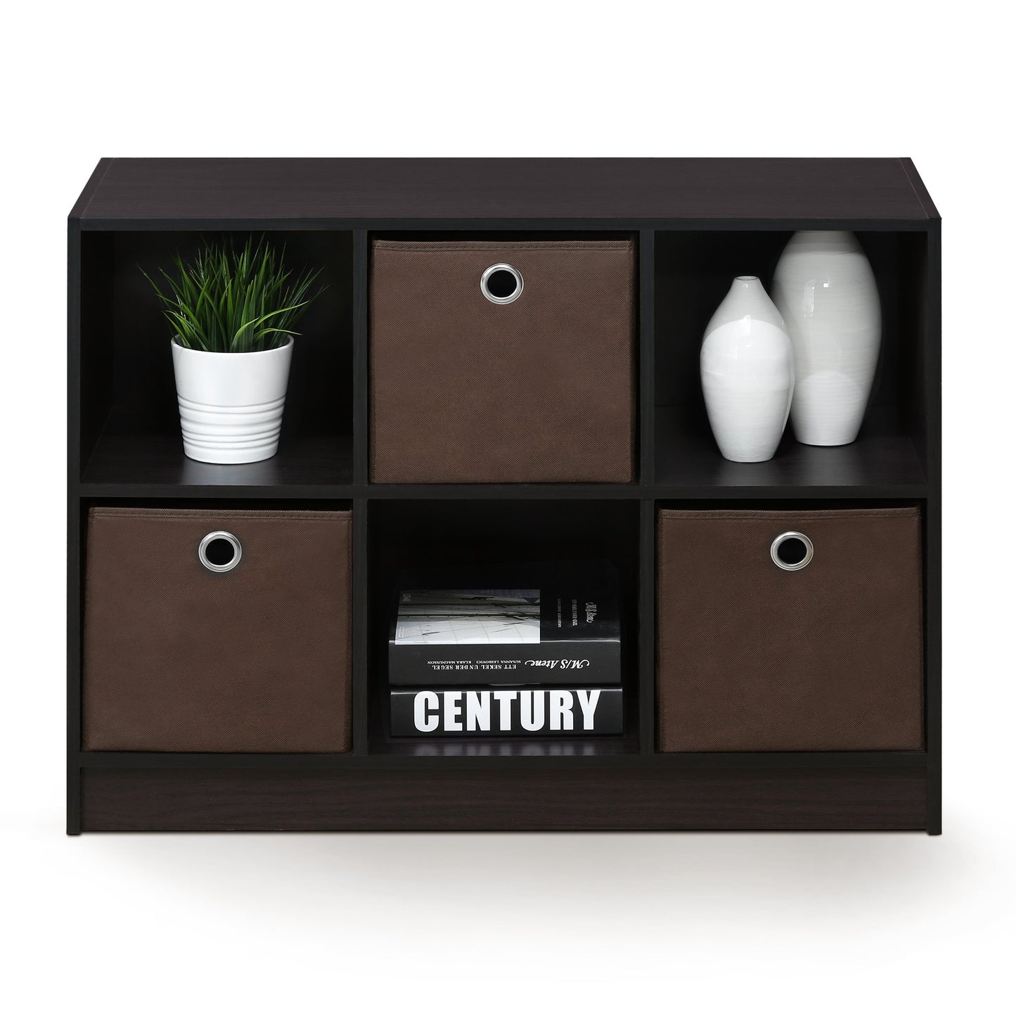 Furinno BASIC Book Shelf, 6-Cube Bookshelf with Open Shelf, 3 x 2 Bookcase with Storage Bins, Closed Back, Horizontal, 11.9 x 31.6 x 23.6, for Living Room, Bedroom, Home Office, Dark Walnut