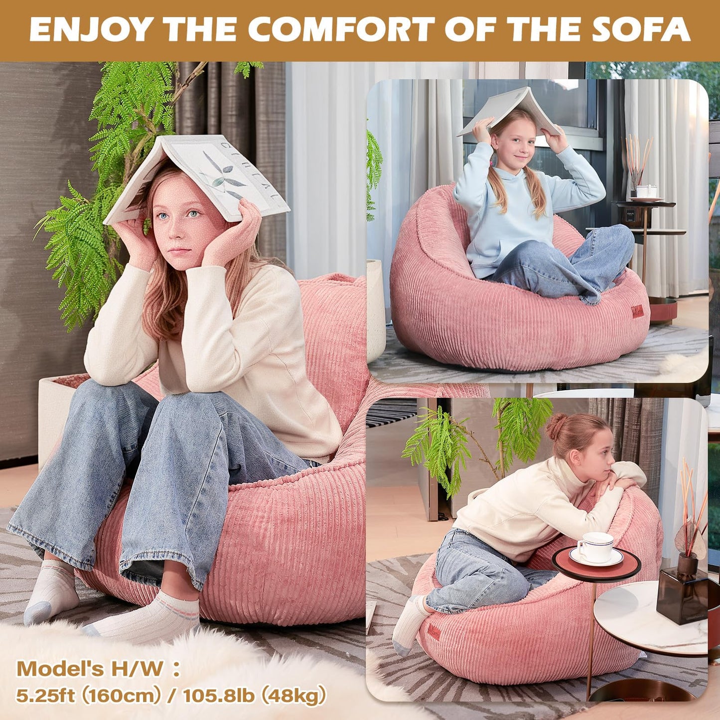 UODERS Bean Bag Chair, Cozy Fluffy Beanbag Chairs with Filler for Teens and Kids, Floor Lazy Sofa for Living Room Gaming & Reading (S-Rose)