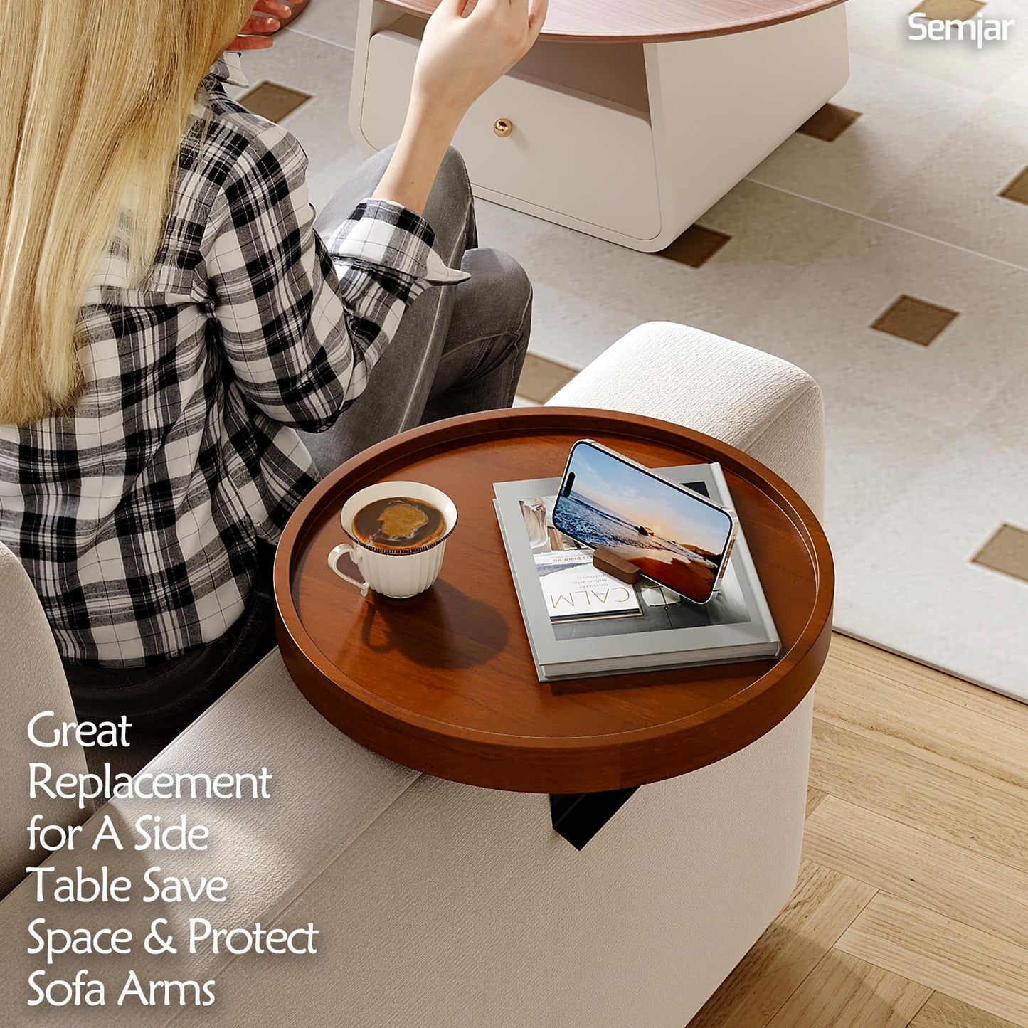 Semjar 2 Pack Sofa Arm Tray,11.8“ Adjustable Natural Wood Couch Arm Trays Tables with Phone Holder,More Anti-Slip Clip On Chair Table Tray,Round Couch Armrest Cup Holder for Drinks Snack Eating