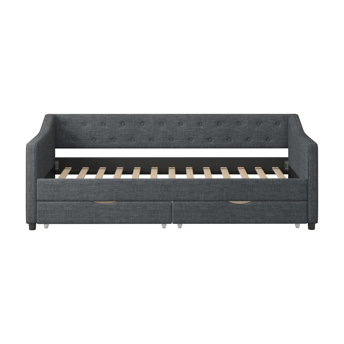 Ball & Cast Full Size Daybed with Two Storage Drawers,Linen Upholstered Day Bed Frame with Button Tufted and Waved Shape Arms, Wood Slat Support,No Box Spring Needed,Dark Grey