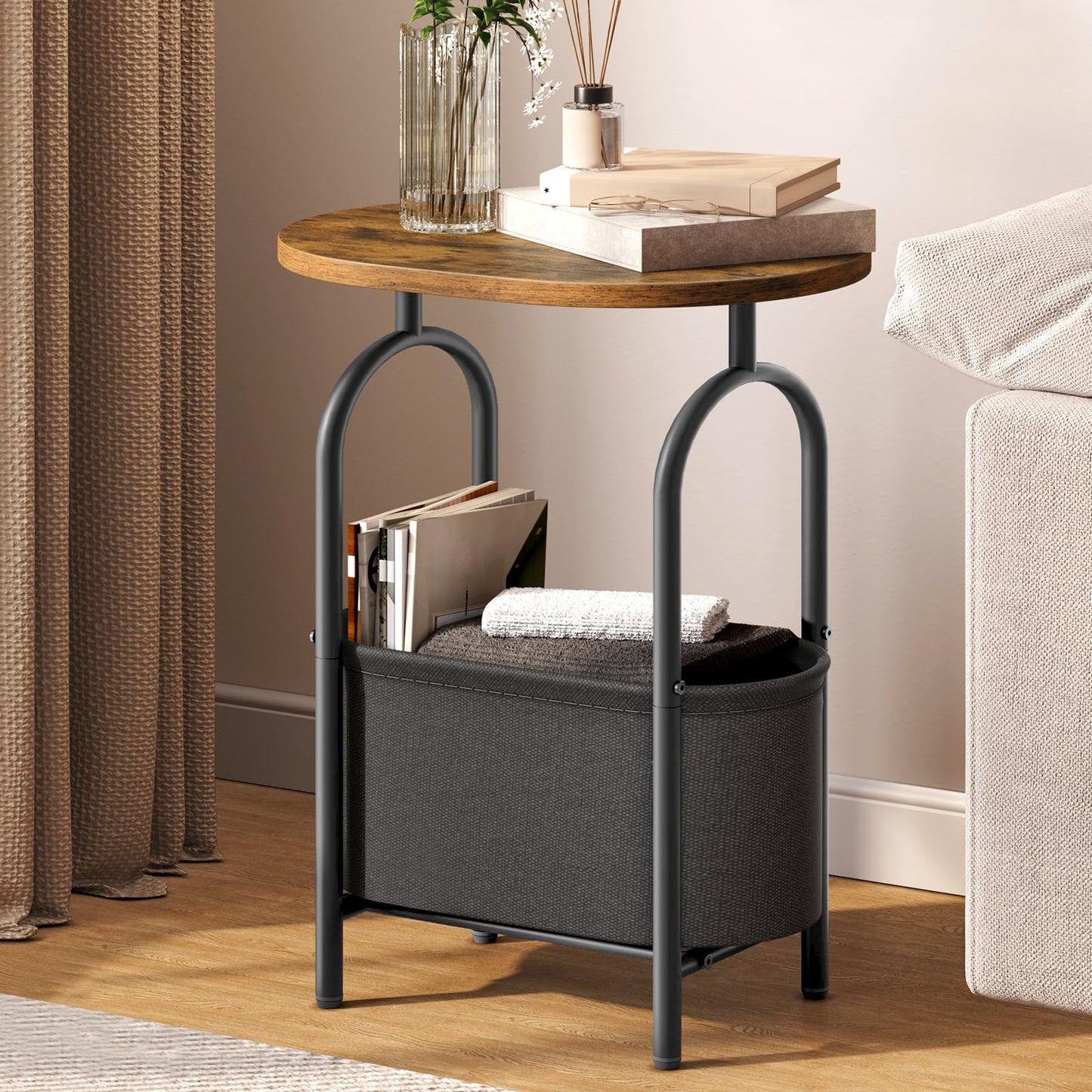 RALGEND Small Round Side Table with Fabric Basket Storage, Oval End Table for Small Spaces, Modern Coffee Bedside Table, Couch Side Table for Living Room, 15.7" X 11.8" X 24", Rustic Brown 8601BZBF