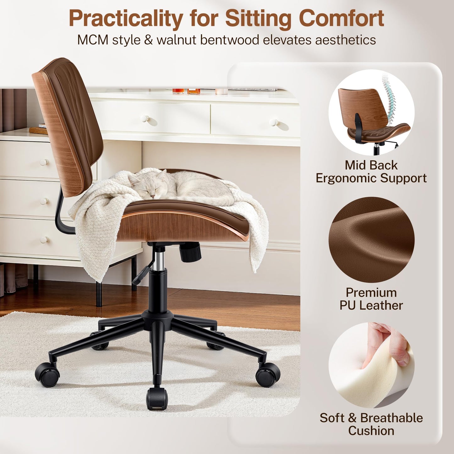 Ergonomic Armless Office Desk Chair - Mid-Century Modern Khaki Faux Leather with Diamond Stitch, Adjustable Height Swivel Rolling Task Computer Chair with Walnut Accent for Home Office, Study & Work