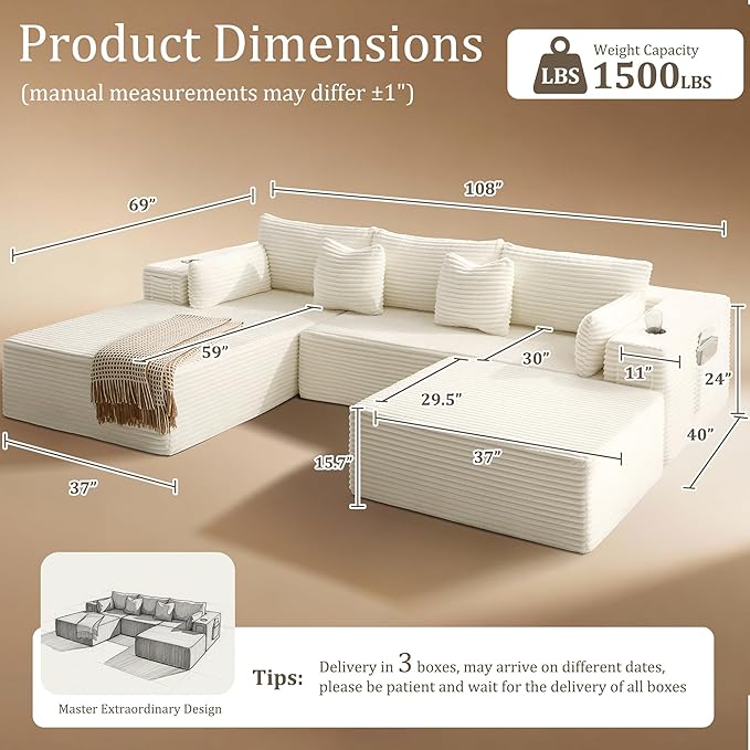 108" Cloud Sectional Couch, Comfort U Shaped Boneless Couch