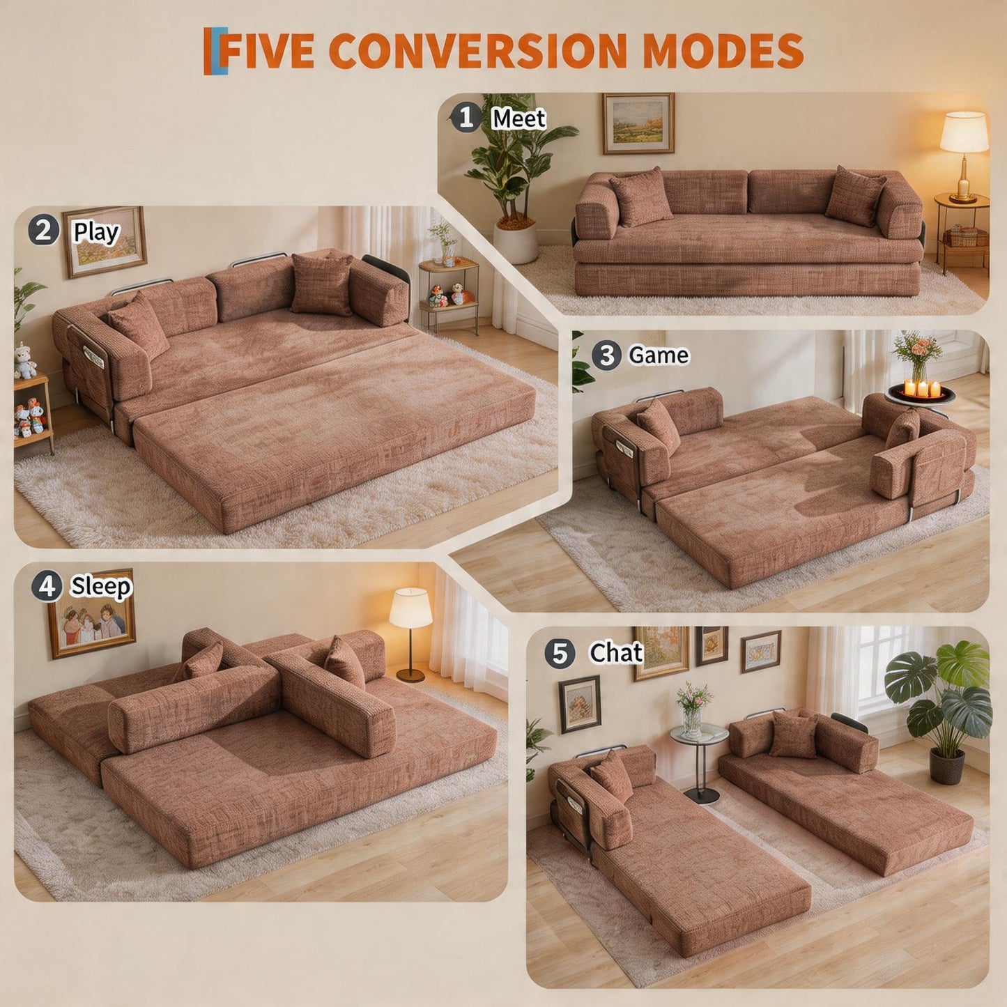 5-in-1 Convertible Sofa Bed Sleeper, 79" Corduroy Floor Couch with 4 Pillows, Boneless Deep Seat Futon Mattress, No Assembly, Modern Lounge Sofa for Living Room, Apartment, Small Spaces, Dark Gray